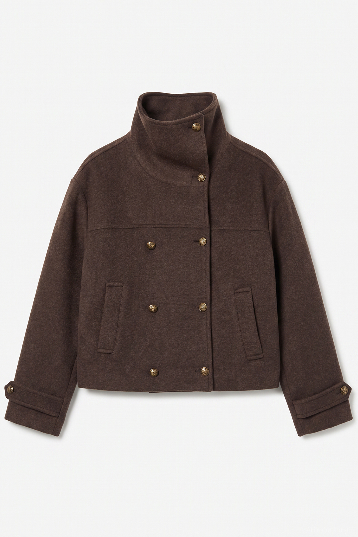 Quzu Dik Yaka Kruvaze Kaşe Kısa Kaban Kahverengi görsel 2
