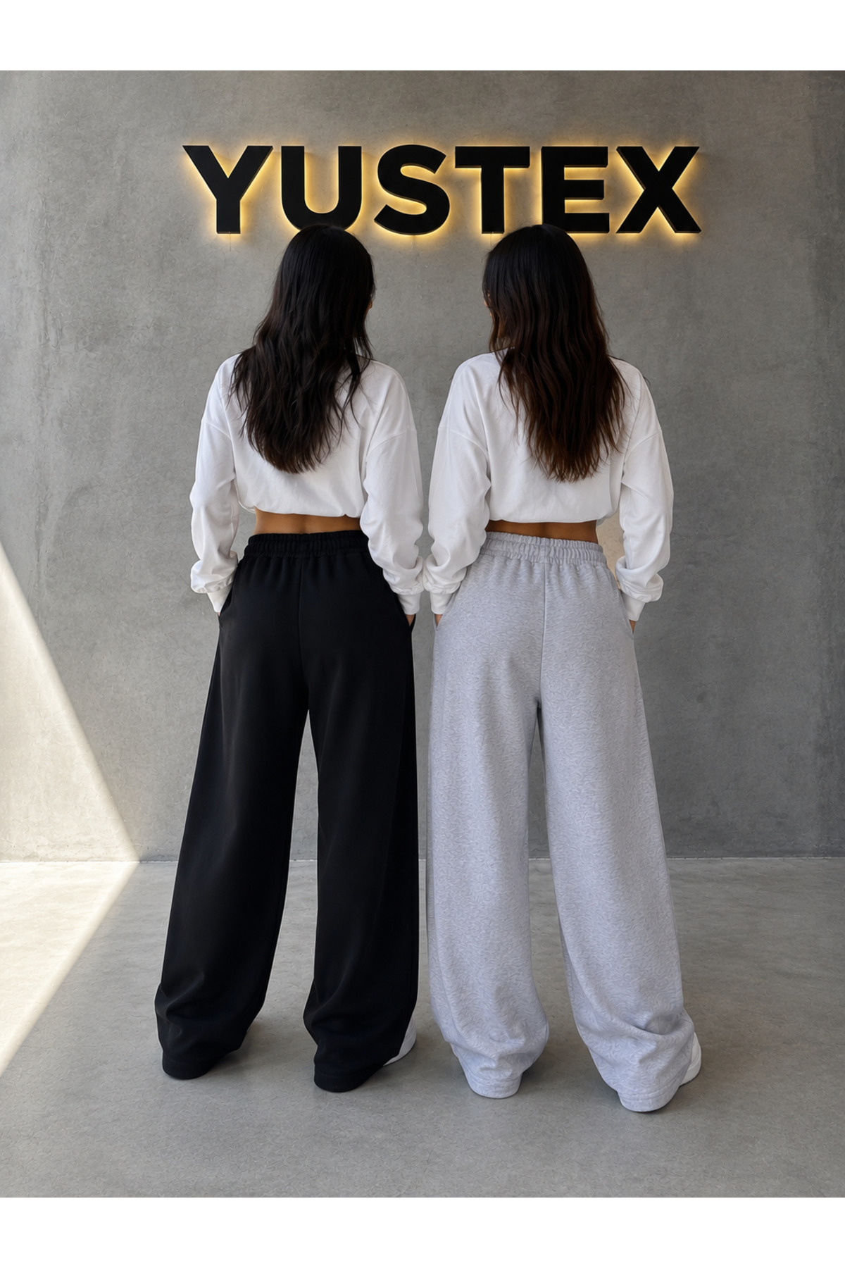 yx yustex sport 2'li Kadın Bol Paça Eşofman Altı (Siyah ve Gri) Rahat Kalıp Cepli Beli Bağcıklı görsel 2