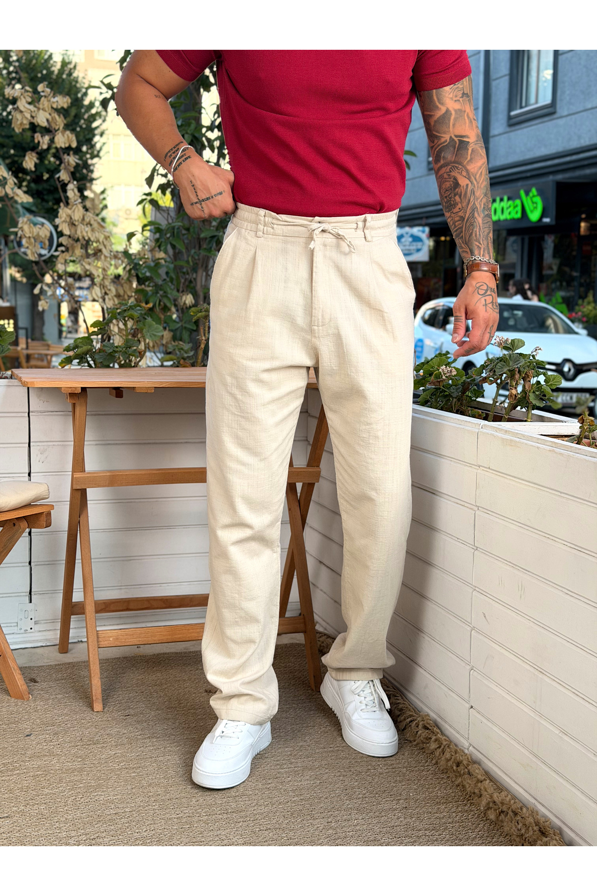 manch collection Single Pleated Linen Trousers with Drawstring Waist