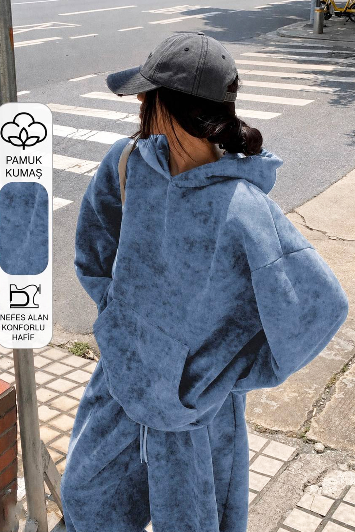 Washed Mavi Yıkamalı Oversize 3 İplik Kanguru Cepli Kapüşonlu Sweatshirt Paçası Lastikli Şalvar Eşofman Takımı — آبی K121WASHEDTAKIM — تصویر 6 از 7