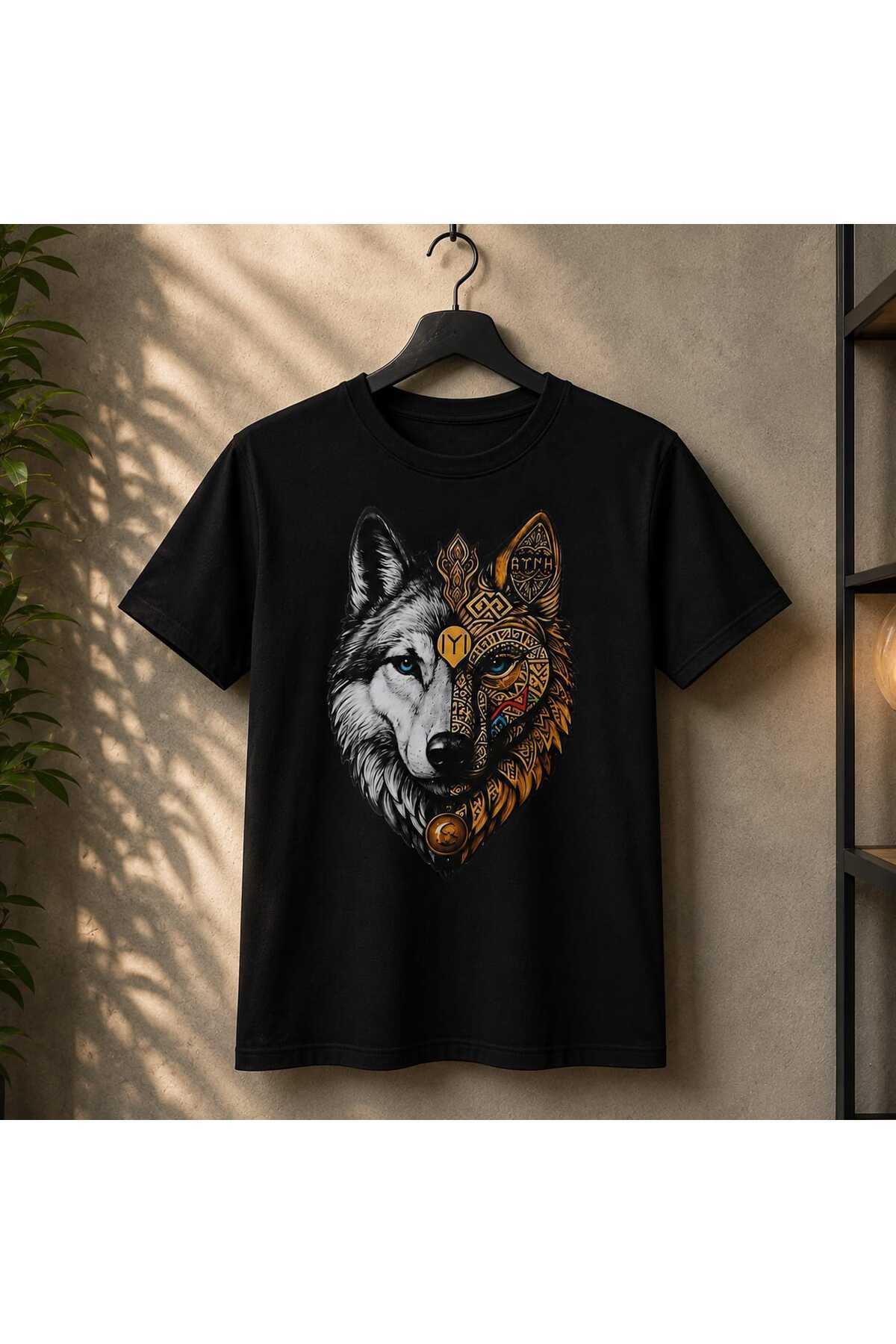 Nostaljik Bozkurt Temalı Ön Yüz Baskılı Siyah Unisex Erkek Kadın Günlük Kısa Kollu Tişört