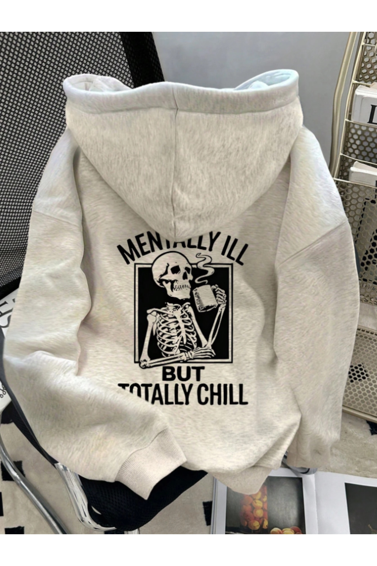 Revasser Unisex Kadın/Erkek MENTALLY ILL Baskılı Özel Tasarım Oversize Pamuklu Kapüşonlu Sweatshirt