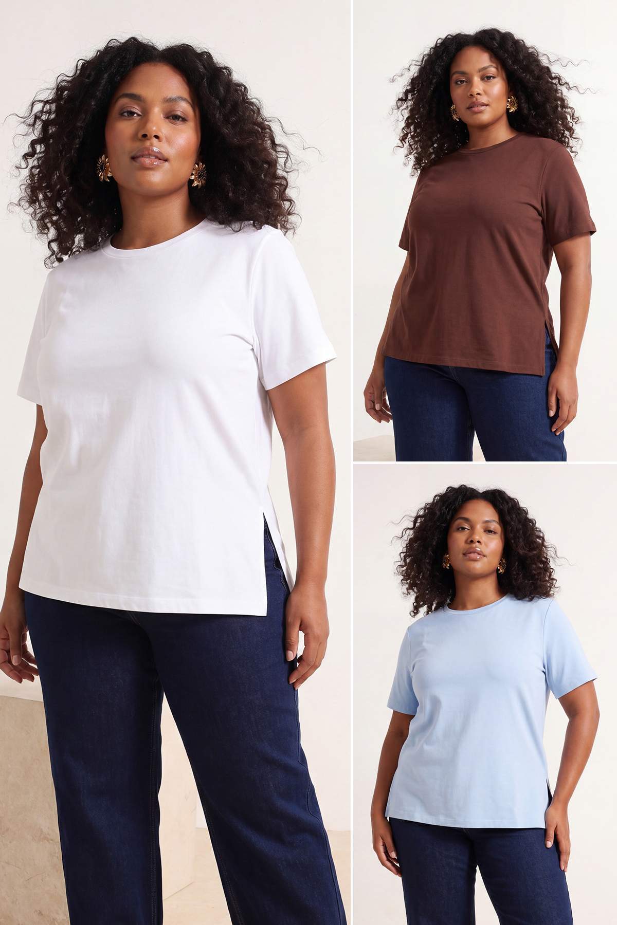 Trendyolmilla Curve Kahverengi-Beyaz-Mavi 3'lü Paket Oversize Basic Büyük Beden T-shirt TBBSS26BF00025