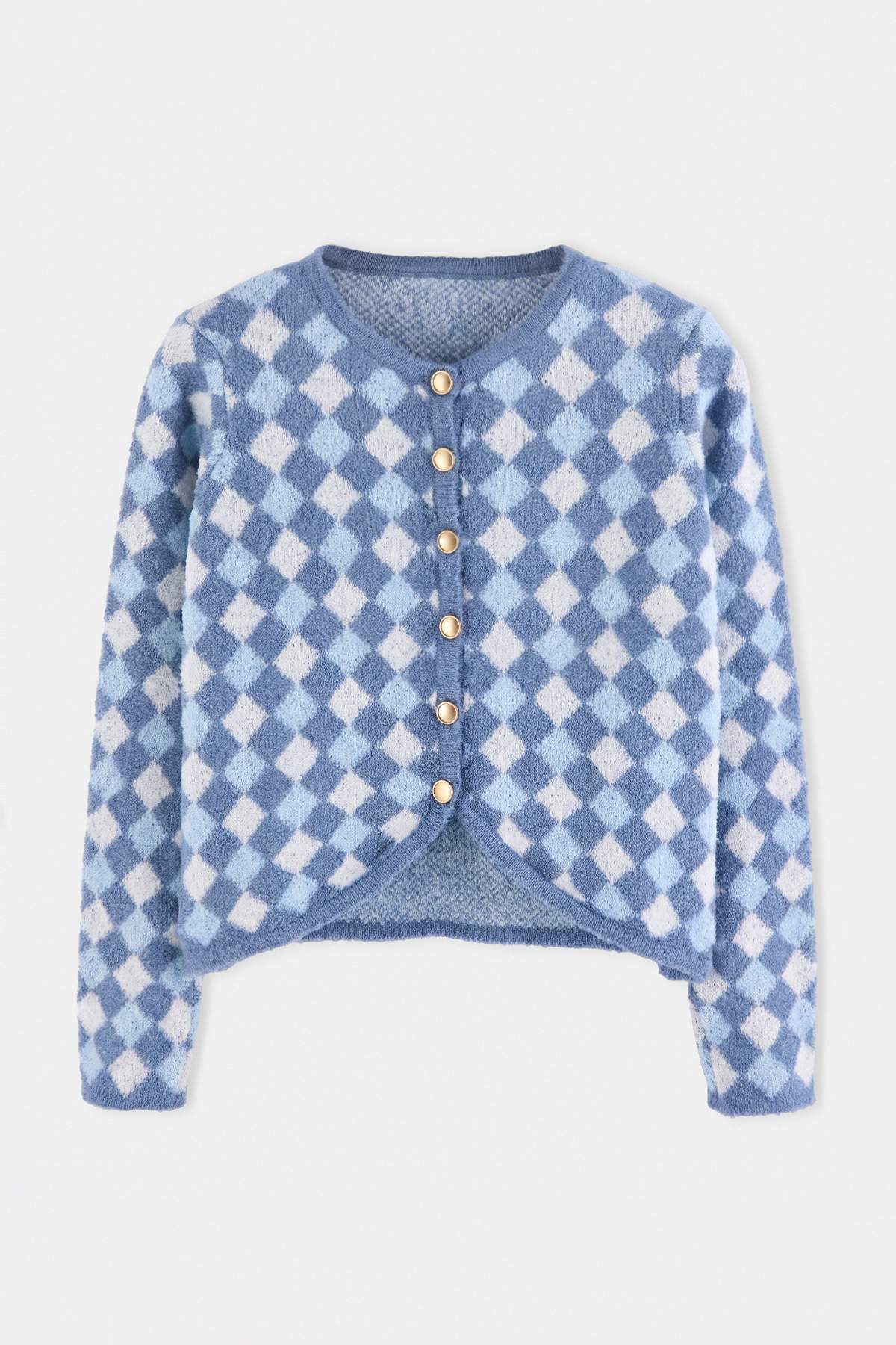 Trendyolmilla Indigo Baklava/Ekose Desenli Bisiklet Yaka Crop Triko Hırka TWOAW26HI00239