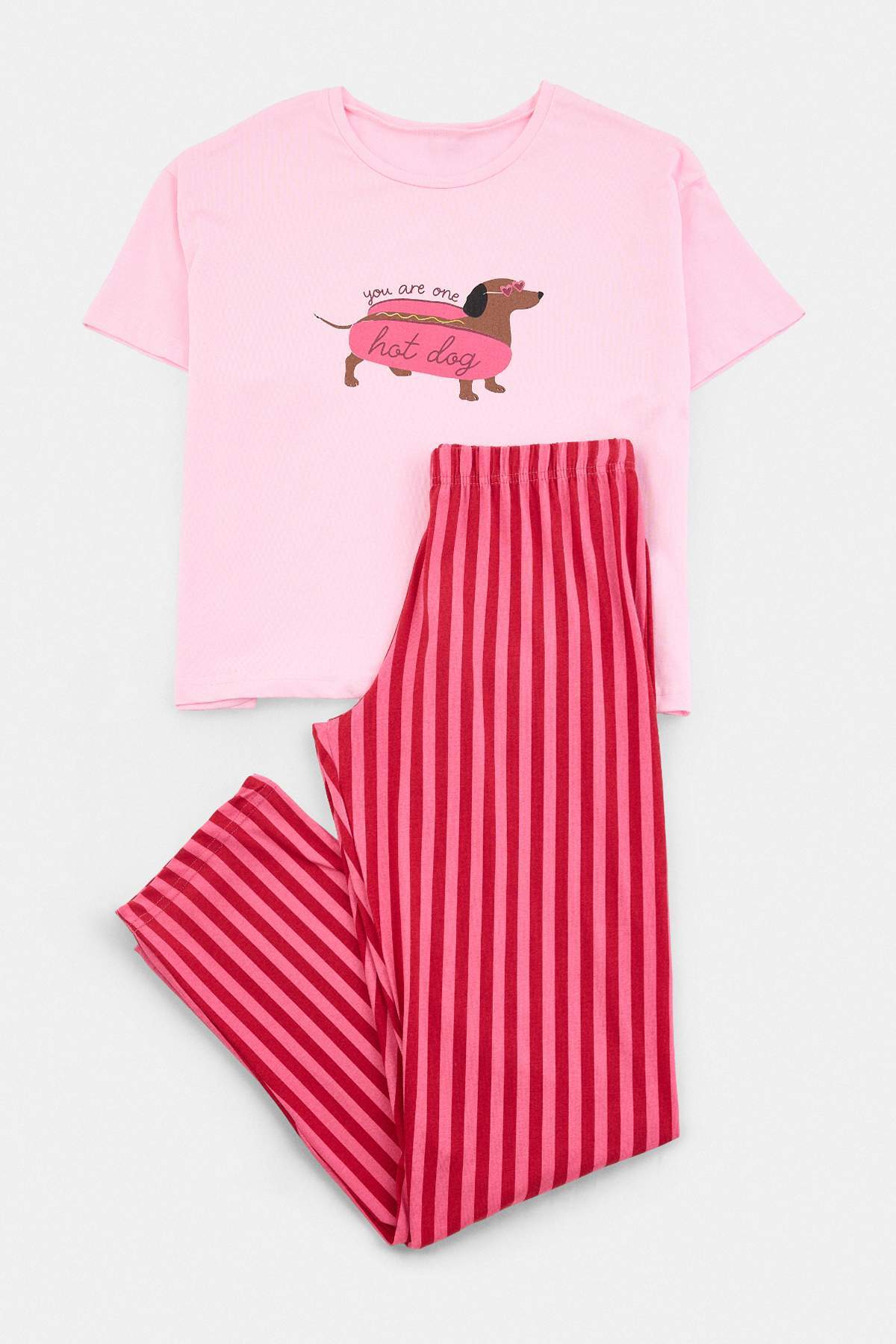 Trendyolmilla Pembe Yumuşak Tuşe Likralı Çizgili Köpek Baskılı Örme Pijama Takımı THMAW27PT00025