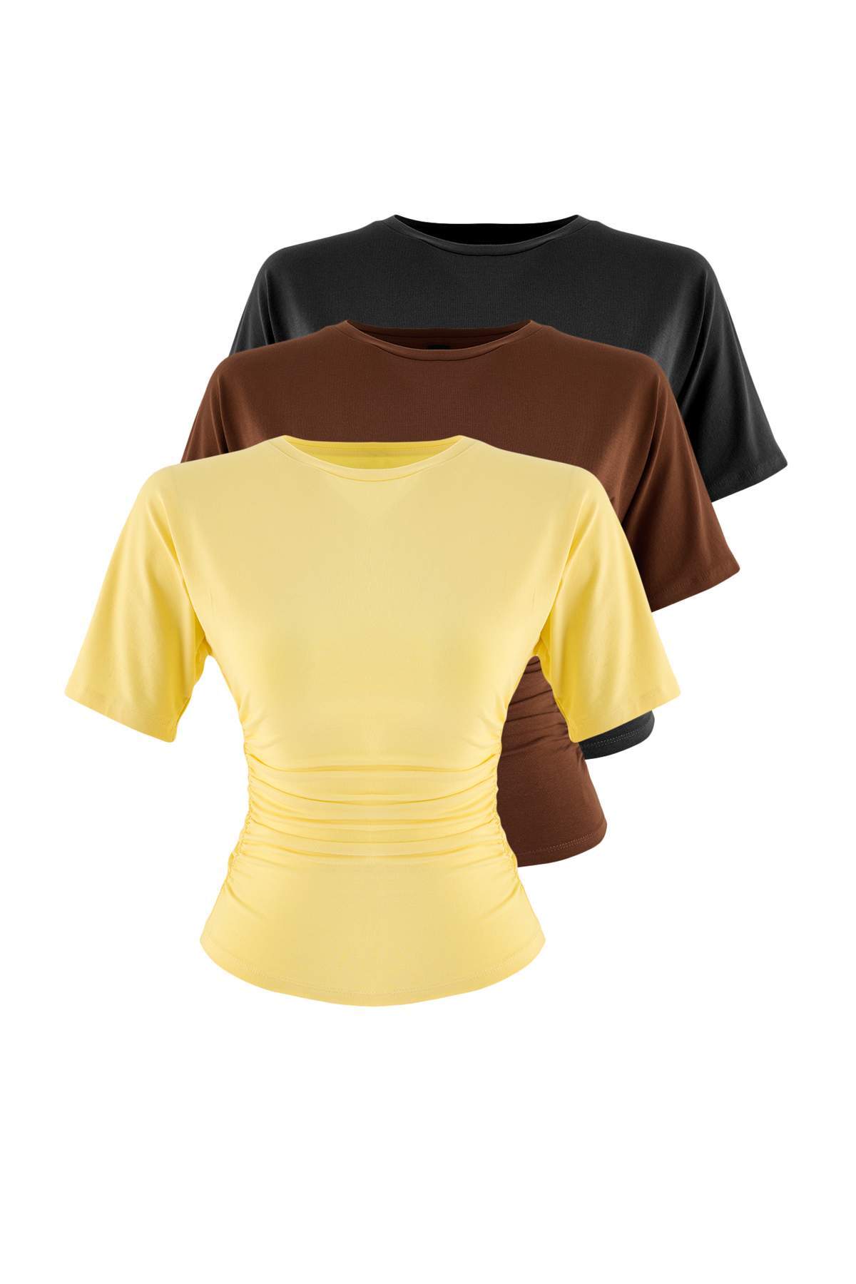 Trendyolmilla 3'lü Paket Kahve-Açık Sarı-Siyah Düz Fitted Büzgülü Pamuklu Esnek Örme T-Shirt TWOSS26TS00319