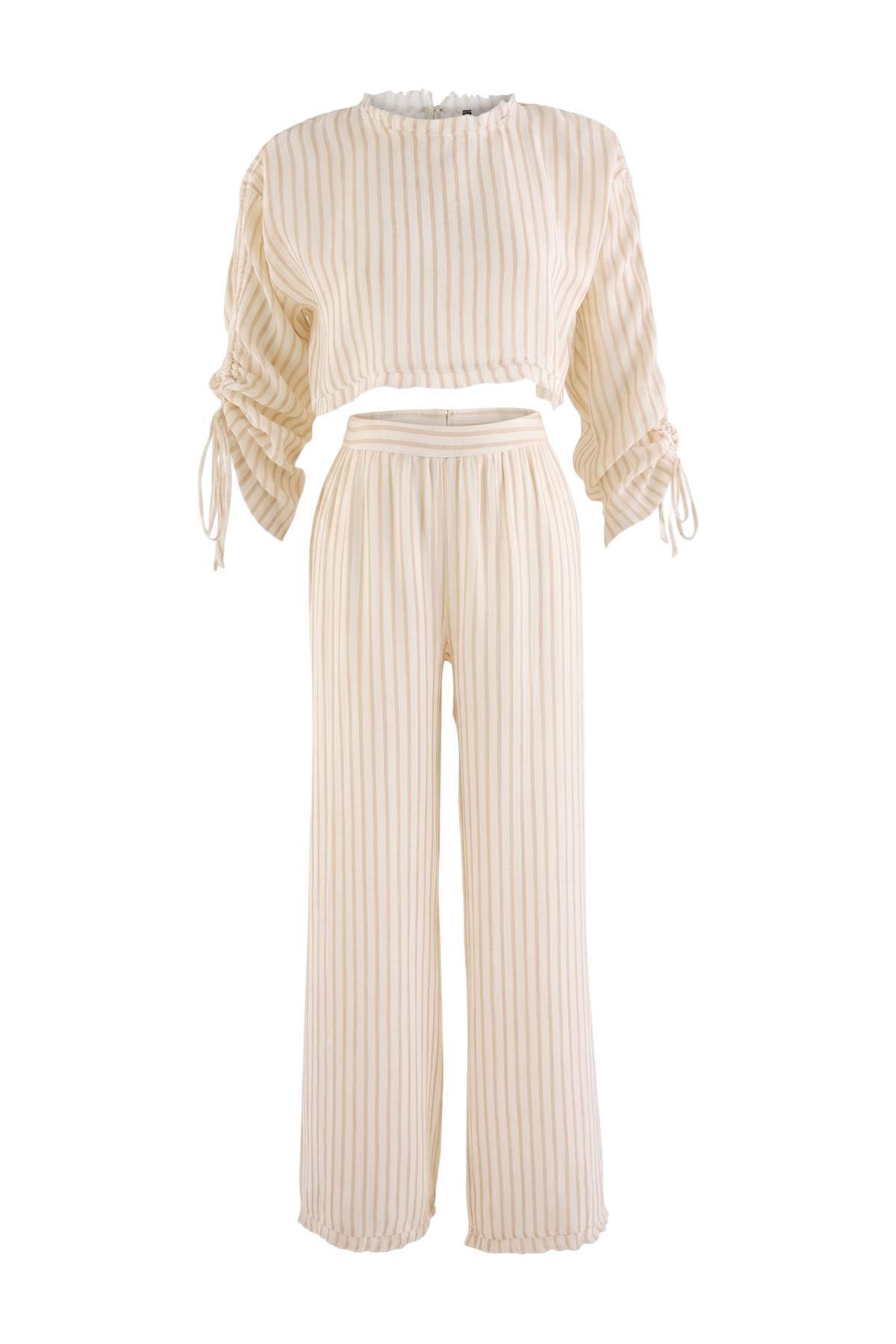 Trendyolmilla Çizgili Dokuma Müslin Maxi Plaj Bluz Pantolon Takım TBESS26AU00096
