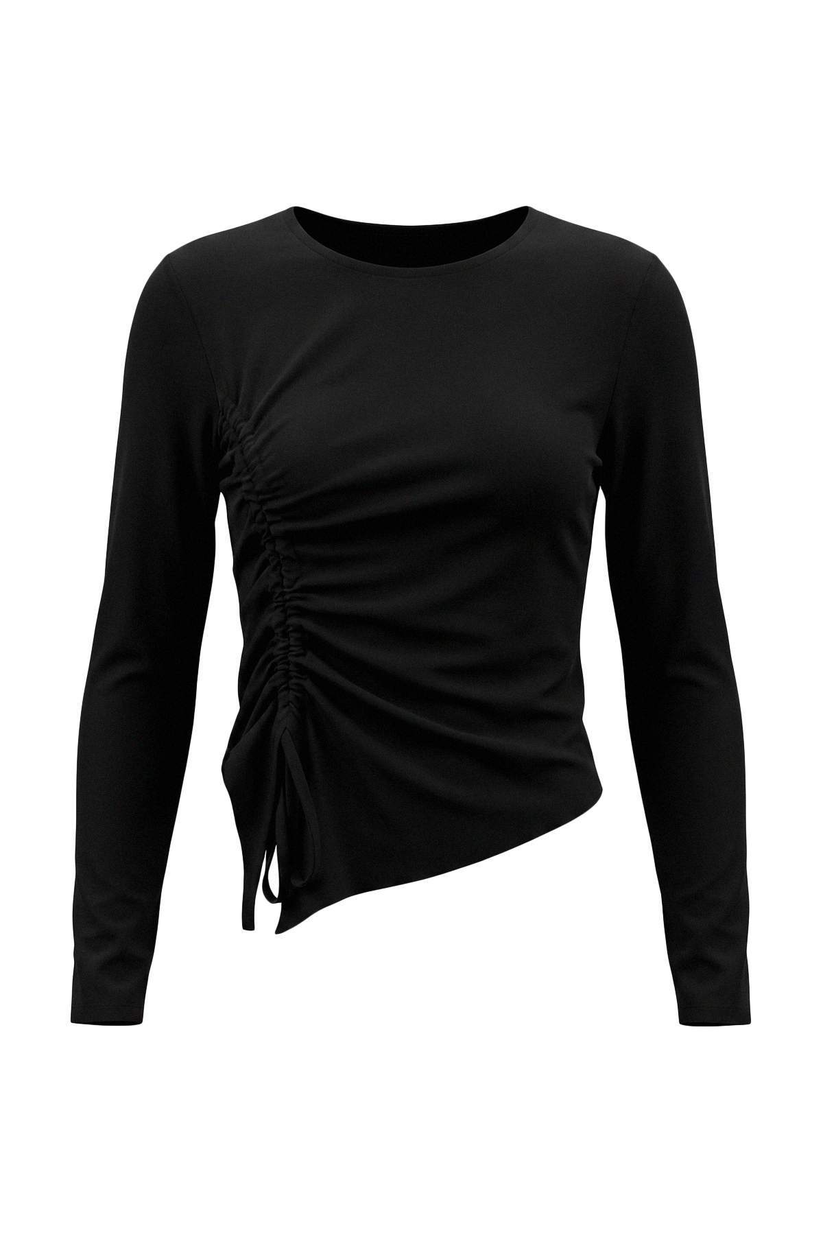 Trendyolmilla Siyah Düz Fitted Bisiklet Yaka Standart Kol Büzgülü Crop Viskon Ribana Örme Bluz TWOAW27BZ00177