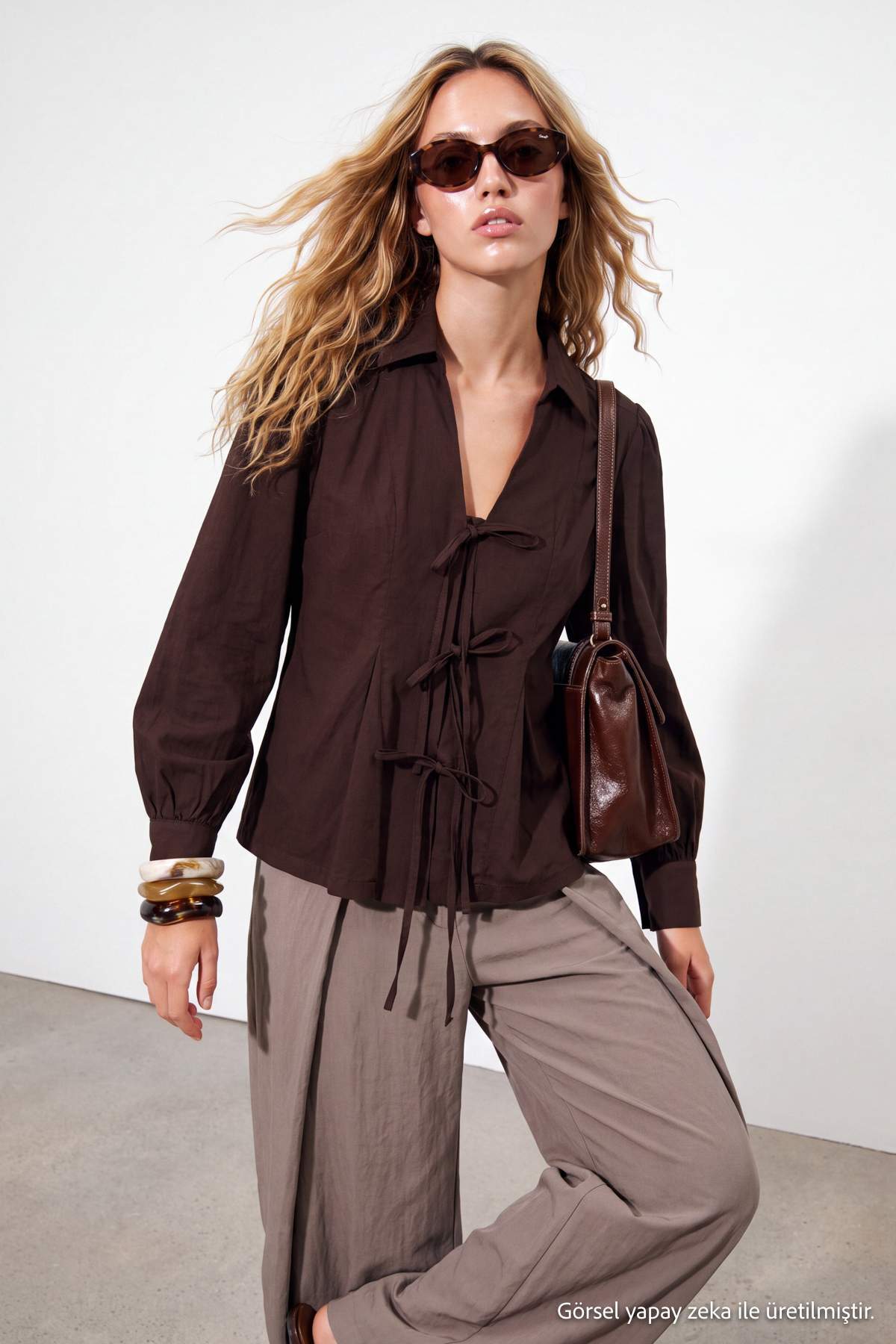 Drop by TrendyolMilla Brown Shirt with Tie-Up Detail on the Front and Gathered Shoulder Detail Tdrss26Go00133