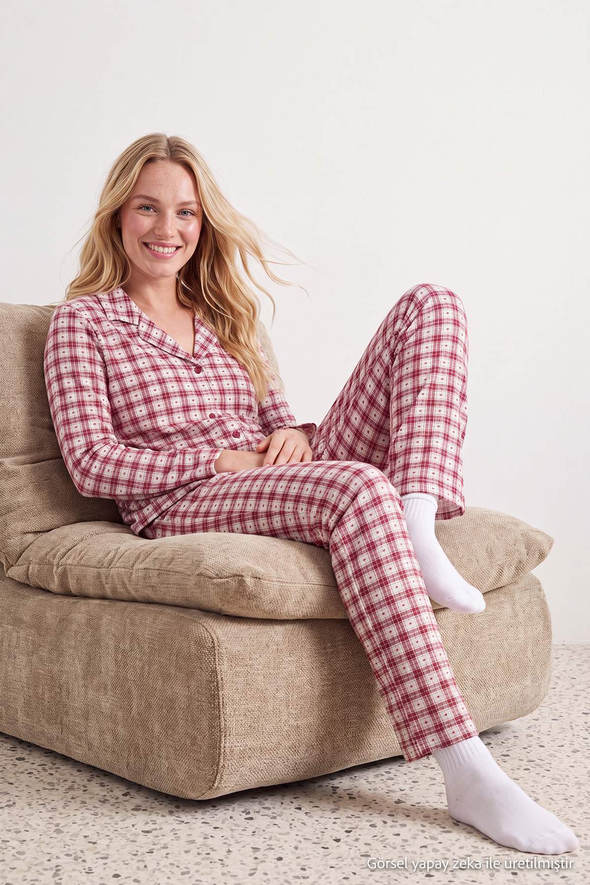 Trendyol Collection Burgundy-Multicolor Cotton Soft-Touch Lycra Plaid and Heart Knitted Pajamas Set Thmaw27Pt00020