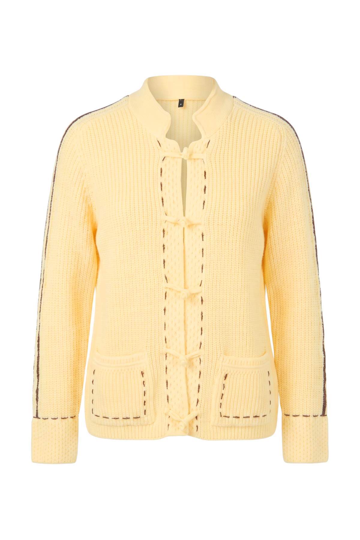 Trendyolmilla Sarı Renk Bloklu Kalın Dik Yaka Oversize Mandarin Triko Hırka TWOAW27HI00028