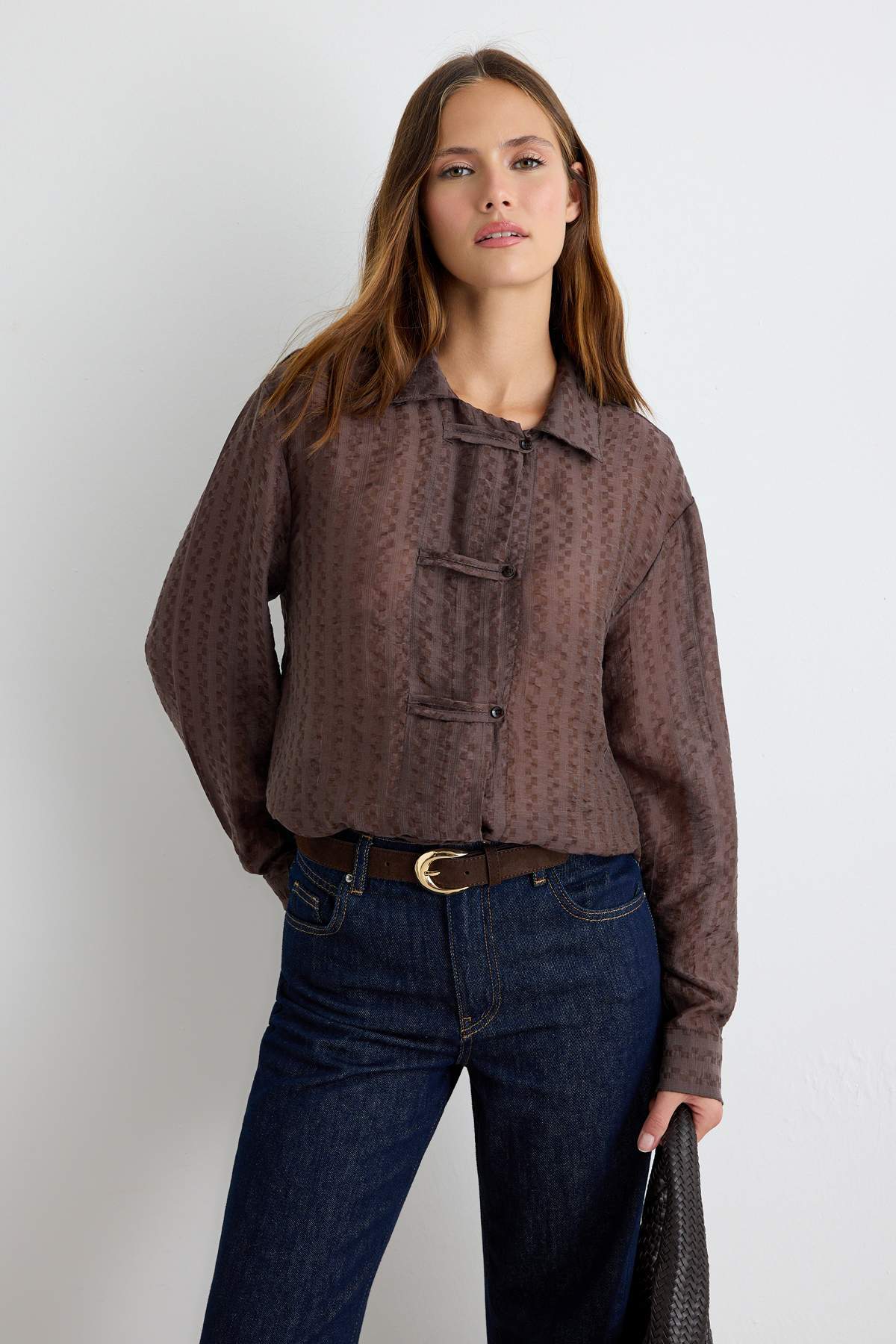 Trendyol Collection Brown Textured Ornate Buttoned Shirt Twoaw27Go00083