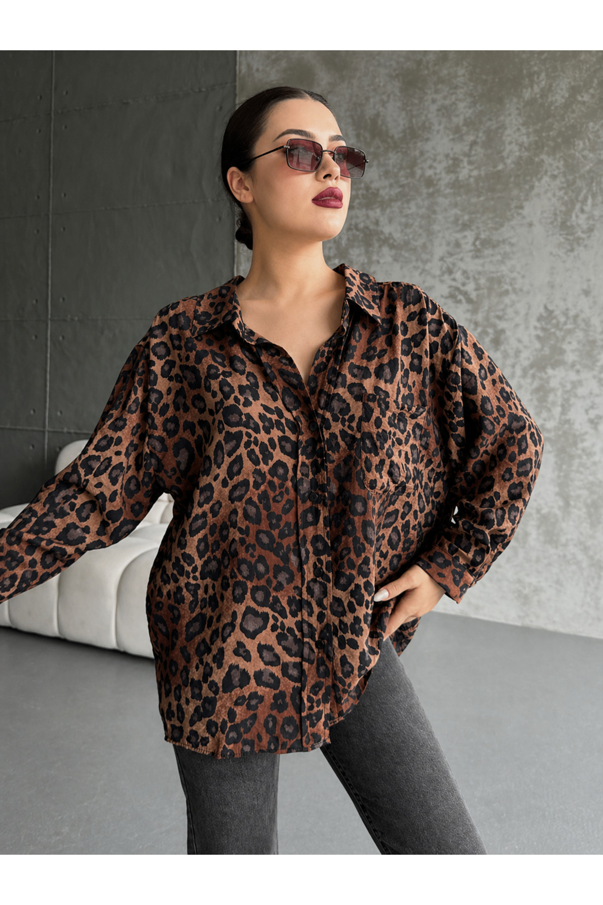 İLKCET MODA Leopar Desenli Oversize Kadın Gömlek görsel 3