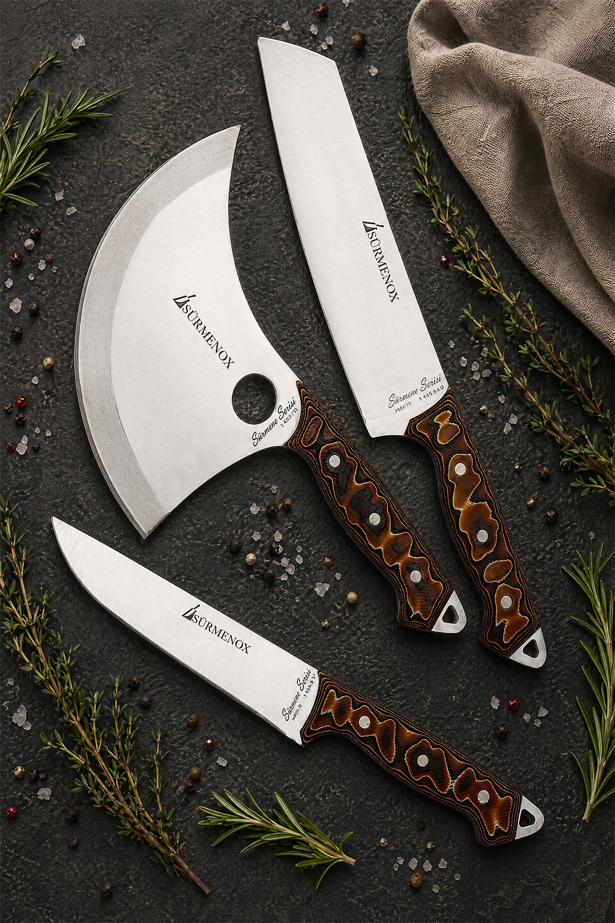 Sürmene Series 3-Piece Kitchen Knife Set Coffee Verzalit Handle Meat Bread Dumpling Pizza Chef Knife (Mft-023)