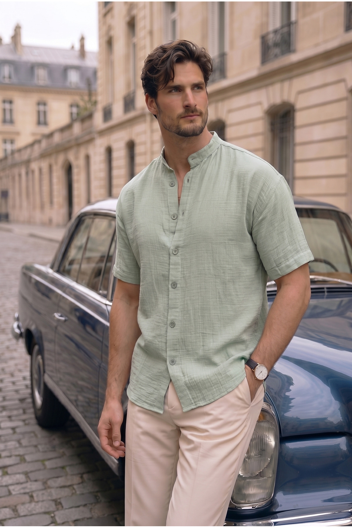 Judge Collar Muslin Fabric Short Sleeve Shirt - Light Khaki