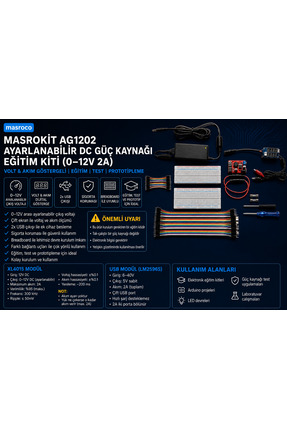 MASROKİT AG1202 Ayarlanabilir DC Güç Kaynağı Eğitim Kiti (0–12V 2A, Volt & Ak...