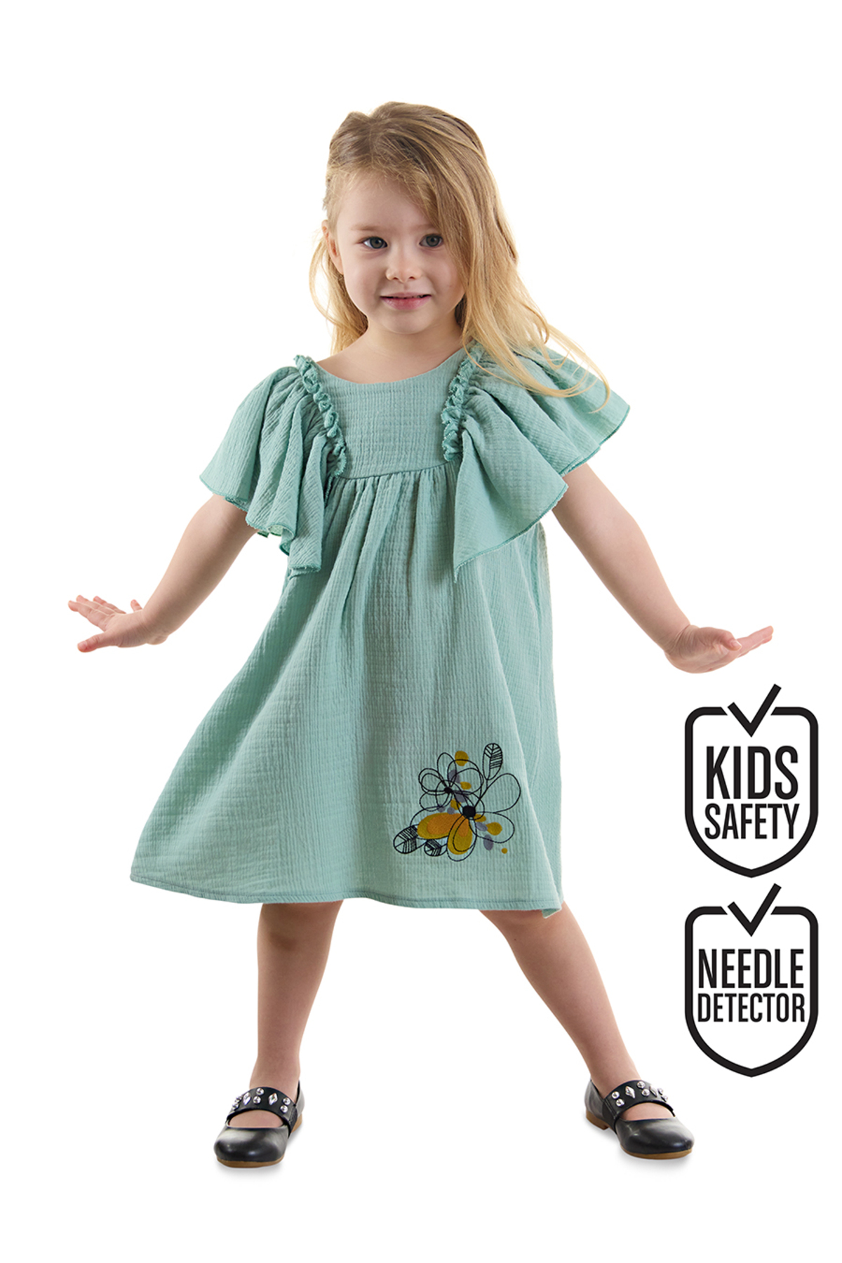Denokids Çiçekli Kız Bebek Çocuk Yeşil Müslin Fırfırlı Yazlık Elbise