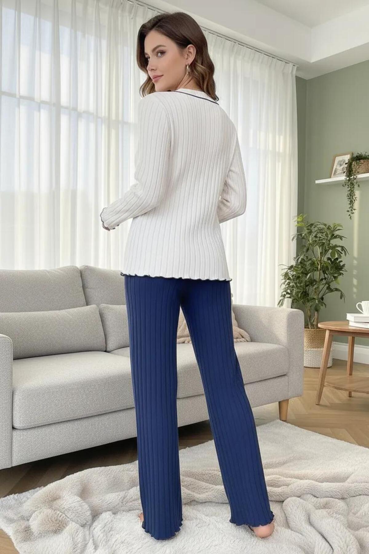 BELLA NOTTE Kalp Detaylı Nakışlı Bej - Lacivert Uzun Kollu Pijama Takımı görsel 4