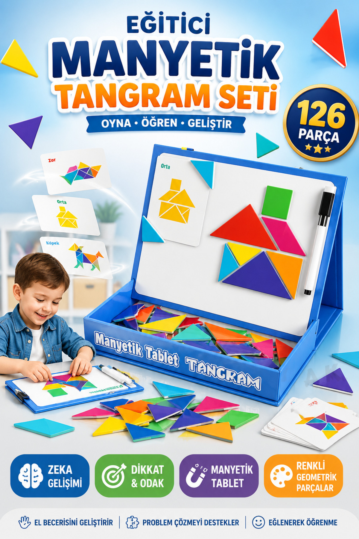 Educational Magnetic Tangram Writing Board 126 Pieces Set 25 cm