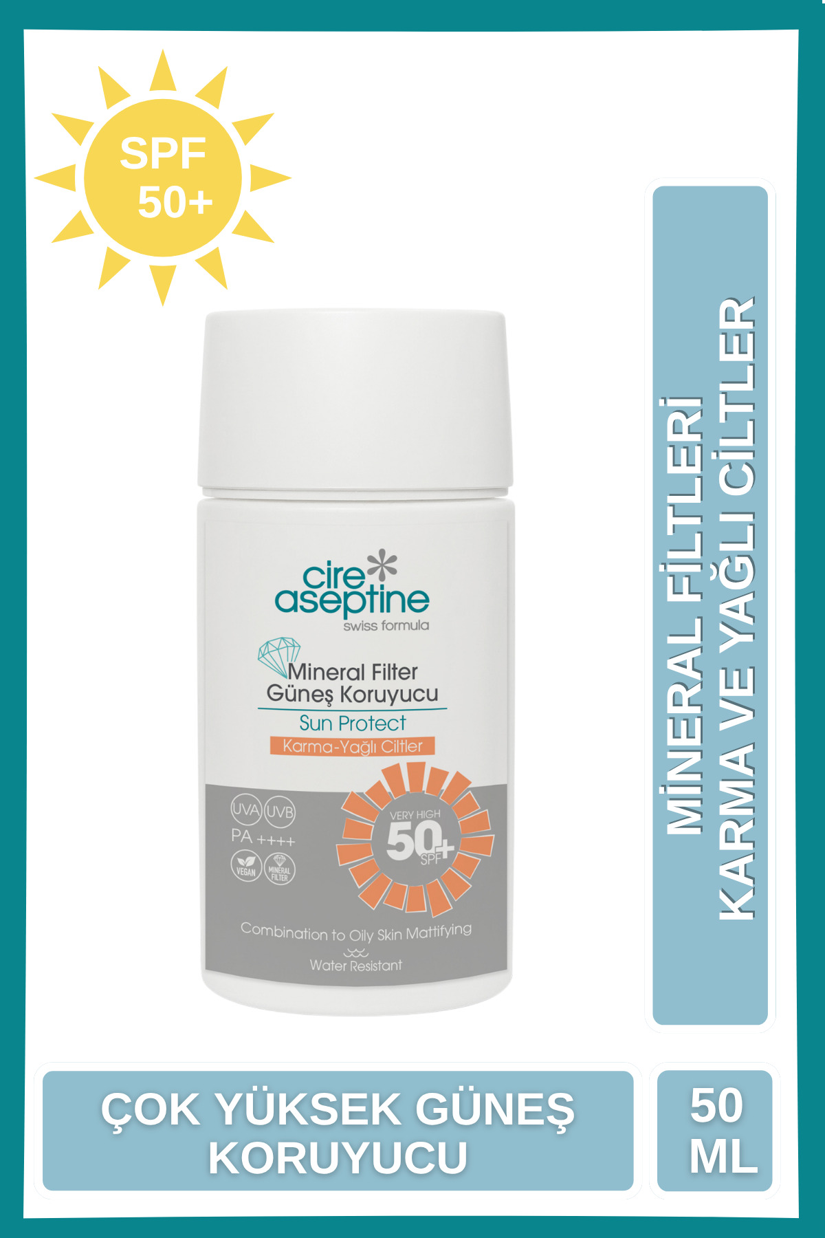 CIRE ASEPTINE Mineral Filtreli Güneş Kremi Karma ve Yağlı Ciltler 50 SPF 50 ml