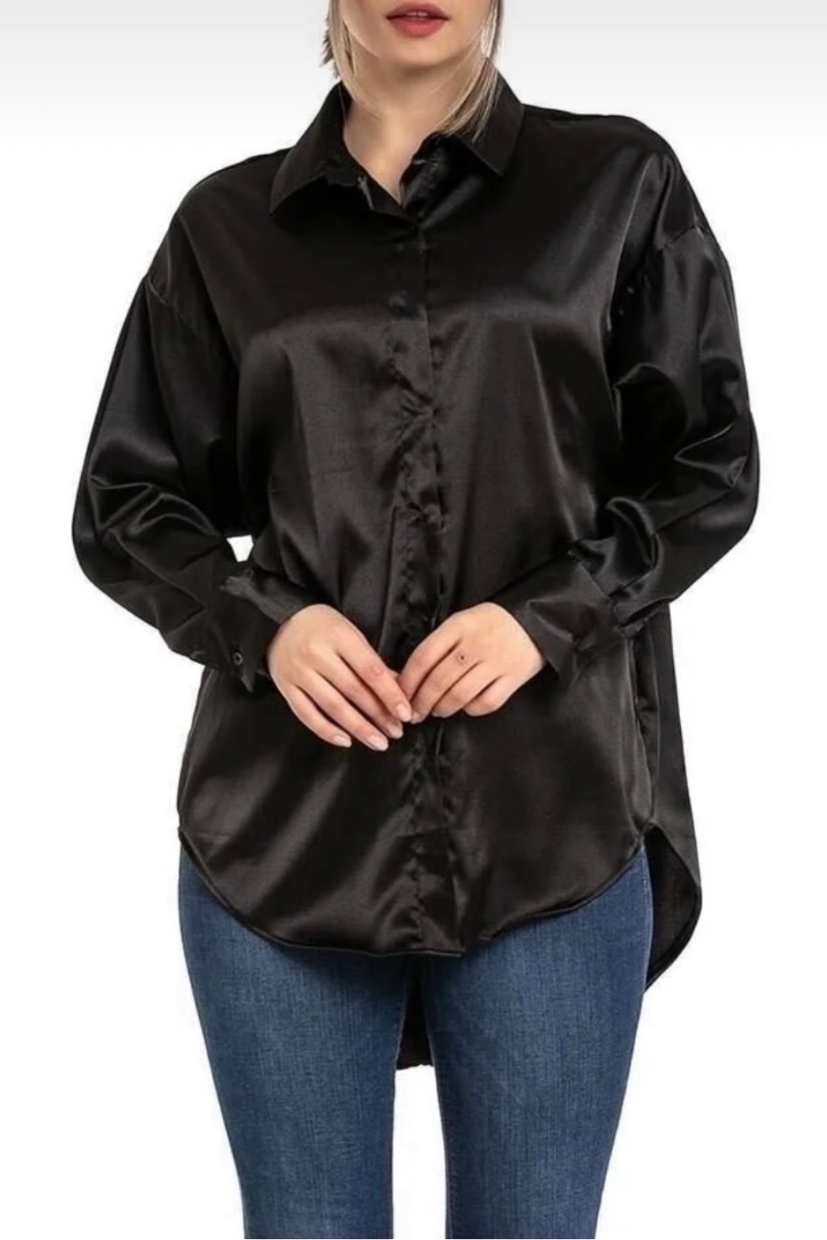 Chemise coupe loose en satin noir - EMMAS CLOTHING - Görsel 11