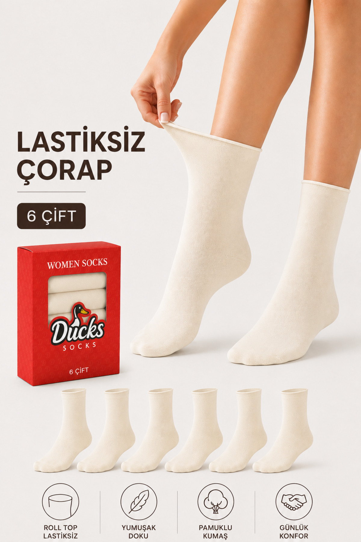Women's Ecru 6-Pack Cotton Boxed Elastic Socks Diabetic Friendly Seamless Traceless Long Taperless Socks