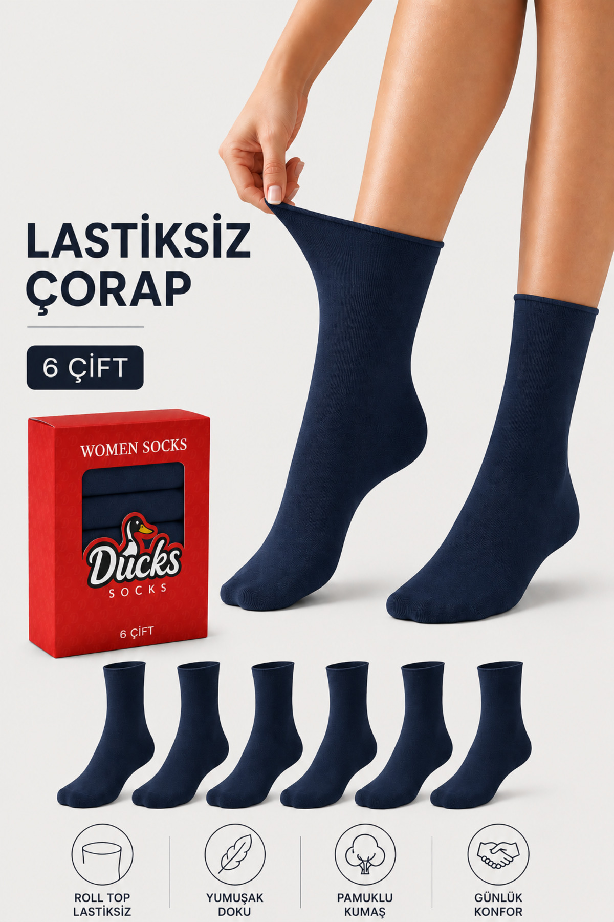Women's Navy Blue 6-Pack Cotton Boxed Elastic Socks Diabetic Friendly Seamless Seamless Long Taperless Socks