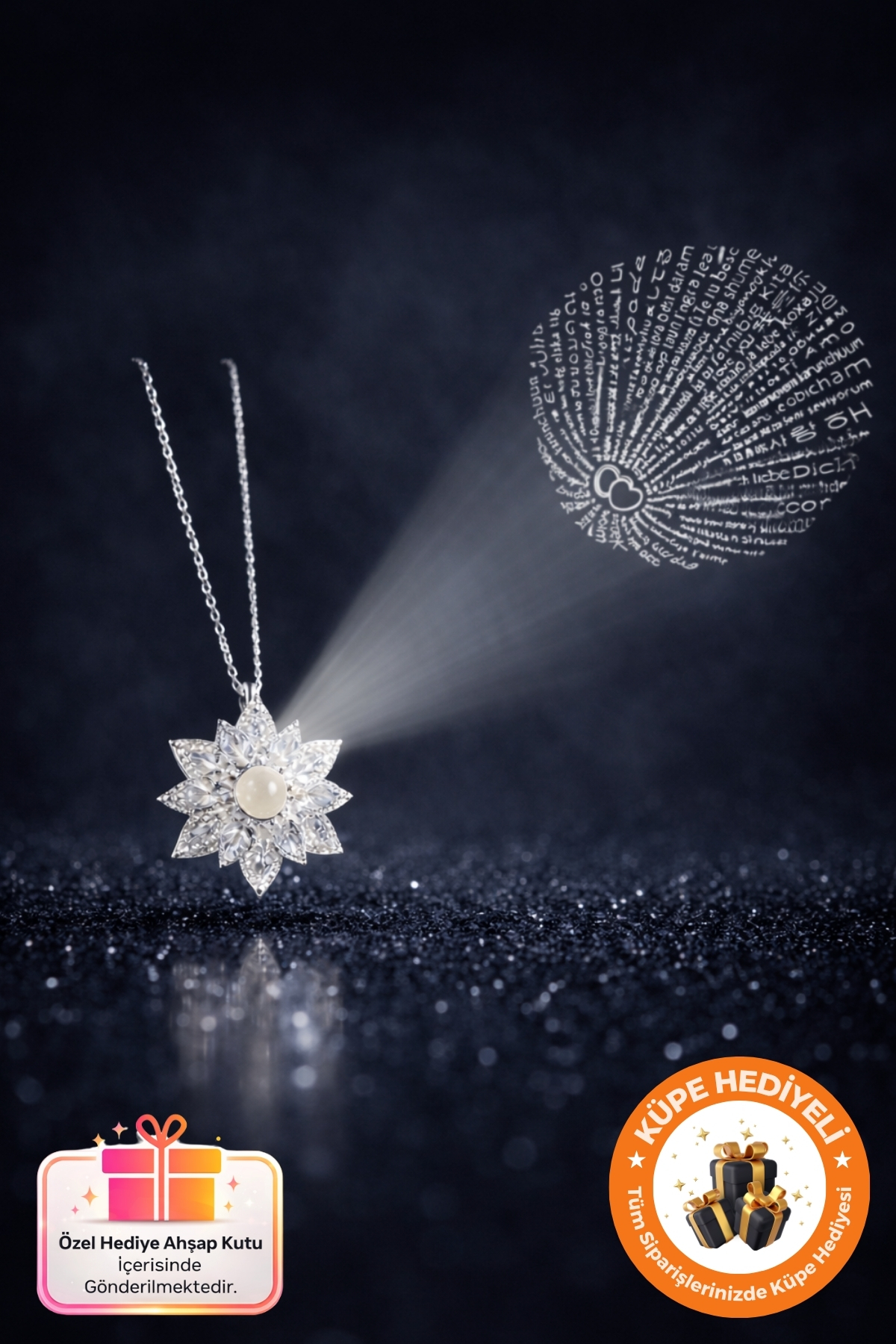 Lucente Jewellery 925 Ayar 100 Dilde Seni Seviyorum Yazan Kararma Karşıtı Rodyum Güçlendirmeli Gümüş Özel Gün Hediyesi Projeksiyon 45 Cm Zincirli Sonsuz Aşk Simgesi Küpe Hediyeli Beyaz Taşlı Lotus Çiçeği Kadın Kolye