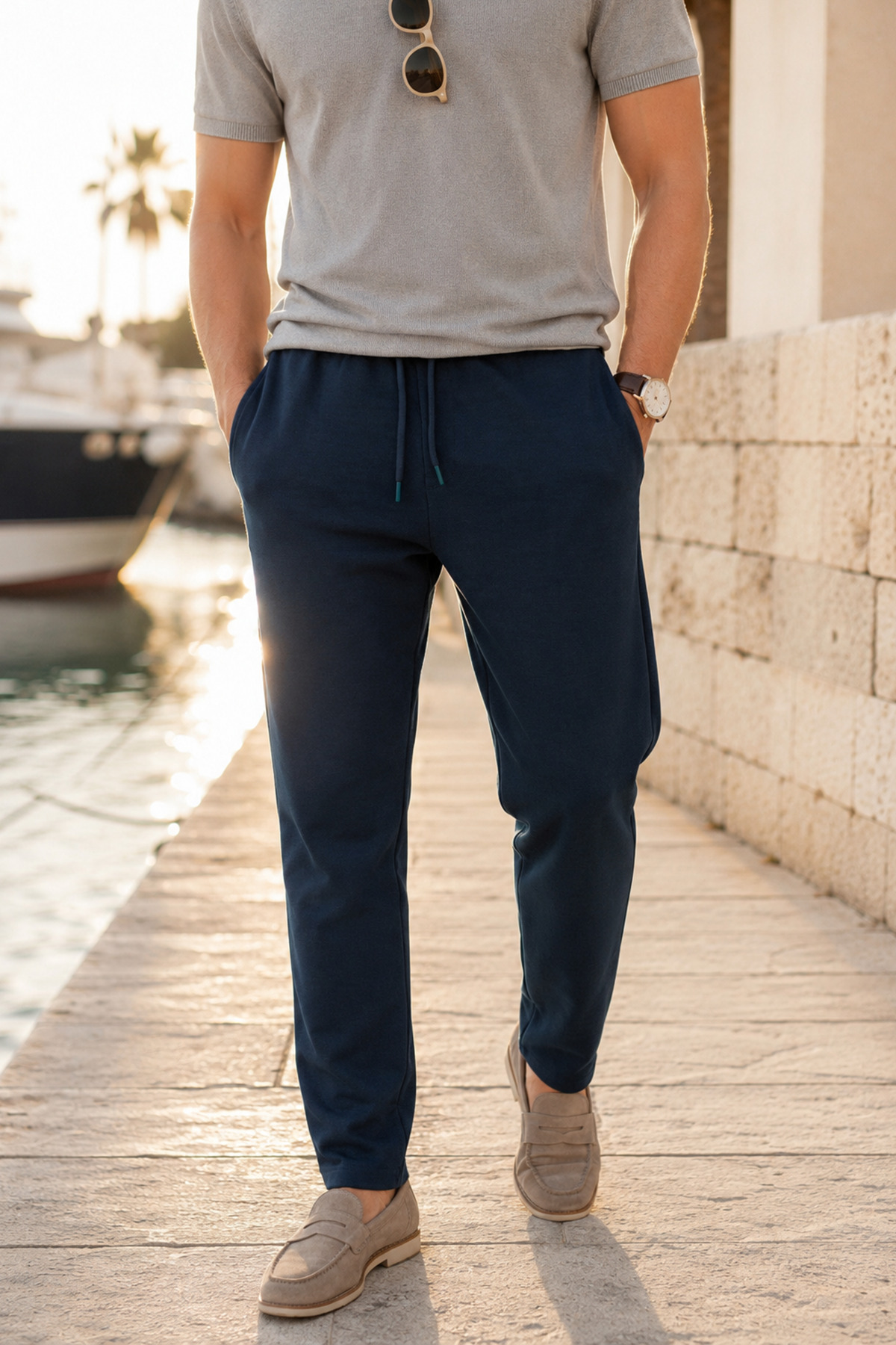 Erkek Lacivert Jogger Pantolon Rahat Kalıp Lastikli İpli Eşofman Altı — سرمه‌ای SW-16P20DZ