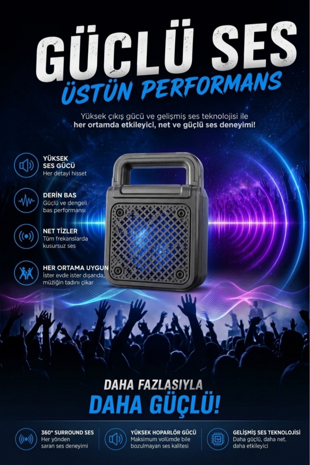 RGB Işıklı Taşınabilir Bluetooth Hoparlör USB SD Kart Girişli Wireless Speaker Siyah