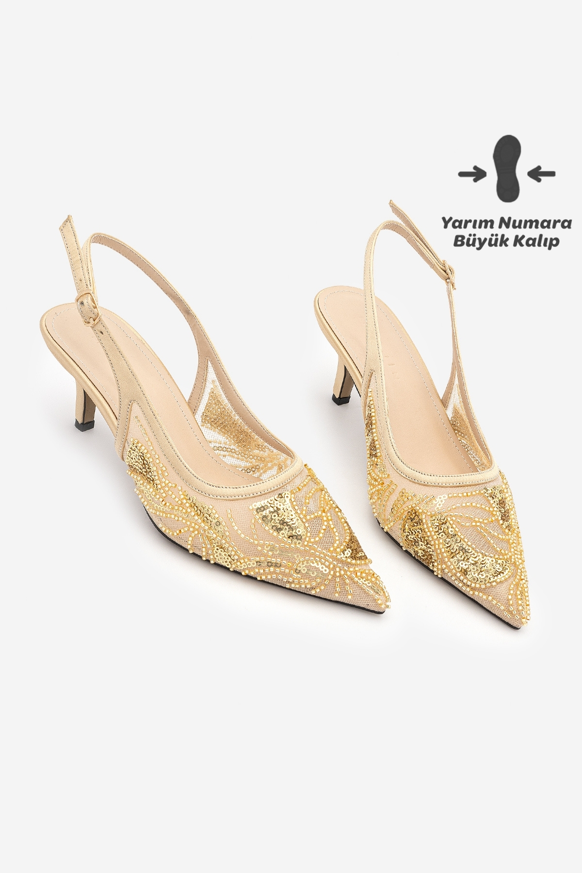 Marjin Kadın Stiletto Boncuklu Pullu Fileli İşlemeli Atkılı Klasik Abiye Kısa Topuklu Ayakkabı Kolena Altın Saten