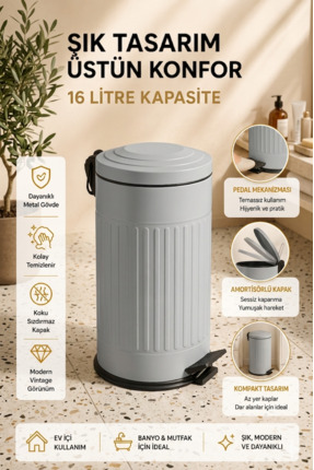 coverest 16 Lt Vintage Serisi Amortisör Kapaklı Gri Çöp Kovası (BANYO - MUTFA...