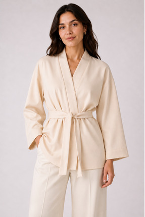 Glowear Atelier Kadın Krem Rengi Tasarım Kuşaklı Kimono Ceket