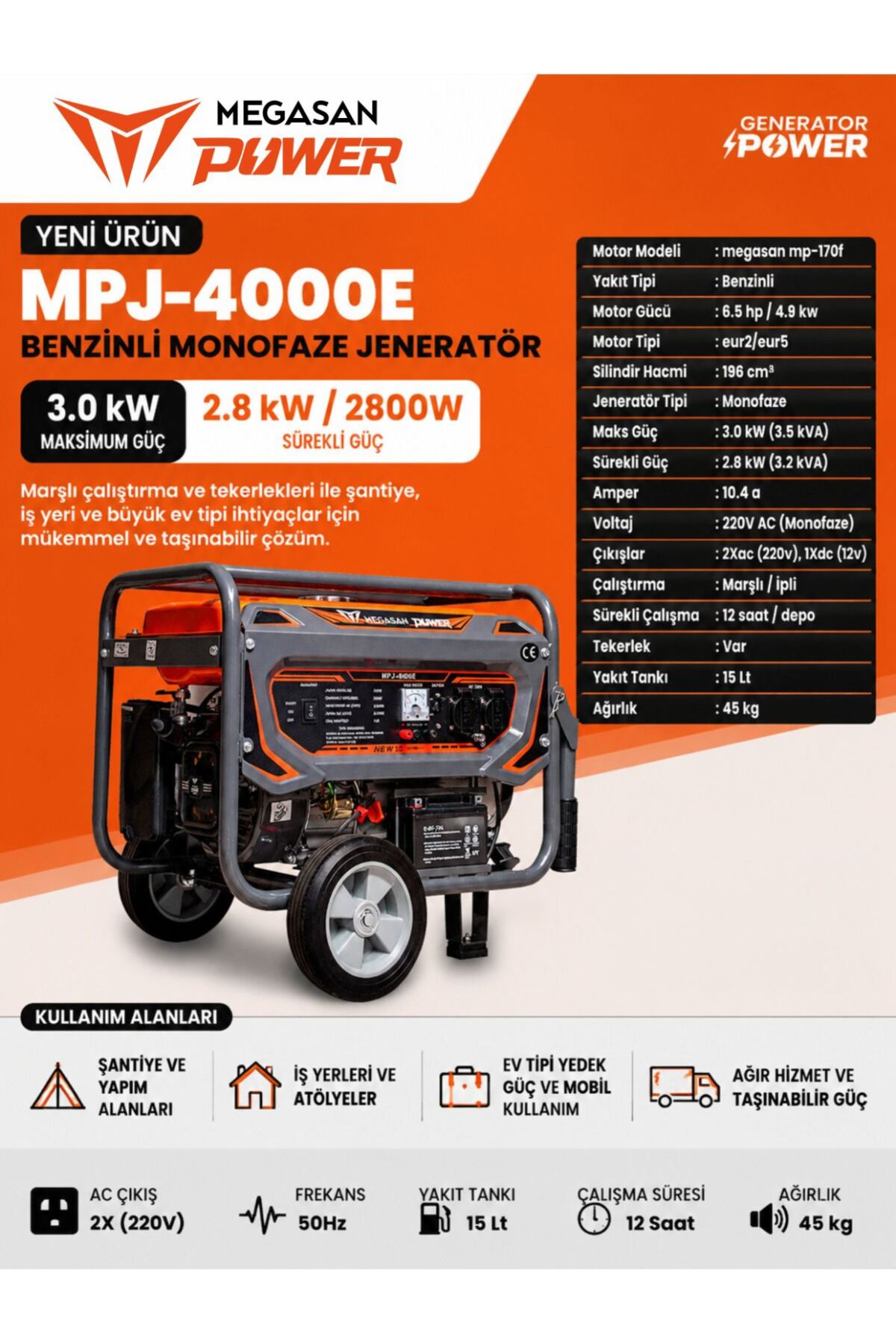 MEGASAN Power Benzinli Marşlı Jeneratör MPJ-4000E - Fiyatı, Yorumları