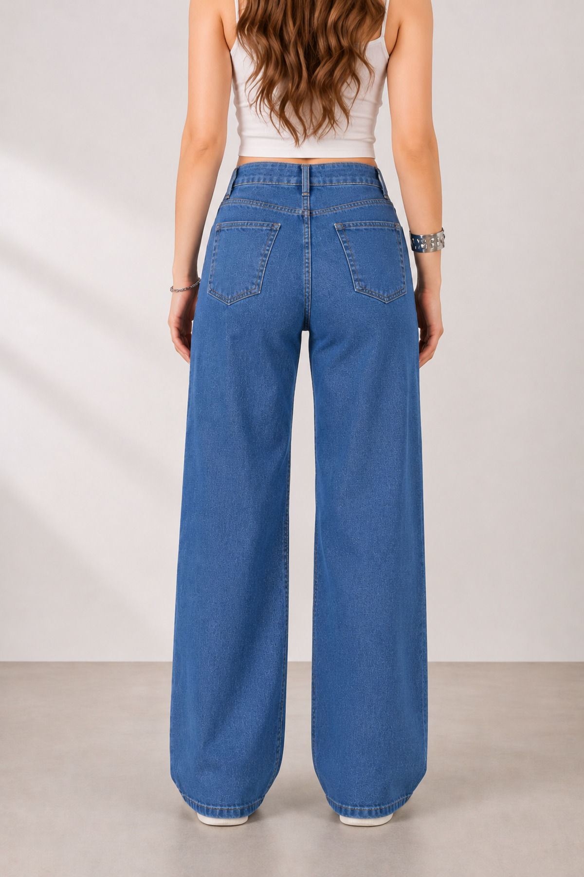 Lighter Jeans  Kadın Orta Mavi Yüksek Bel Straight Fit Wide Leg Jean Pantolon Rahat Kalıp Likralı Denim Kot - Görsel 5
