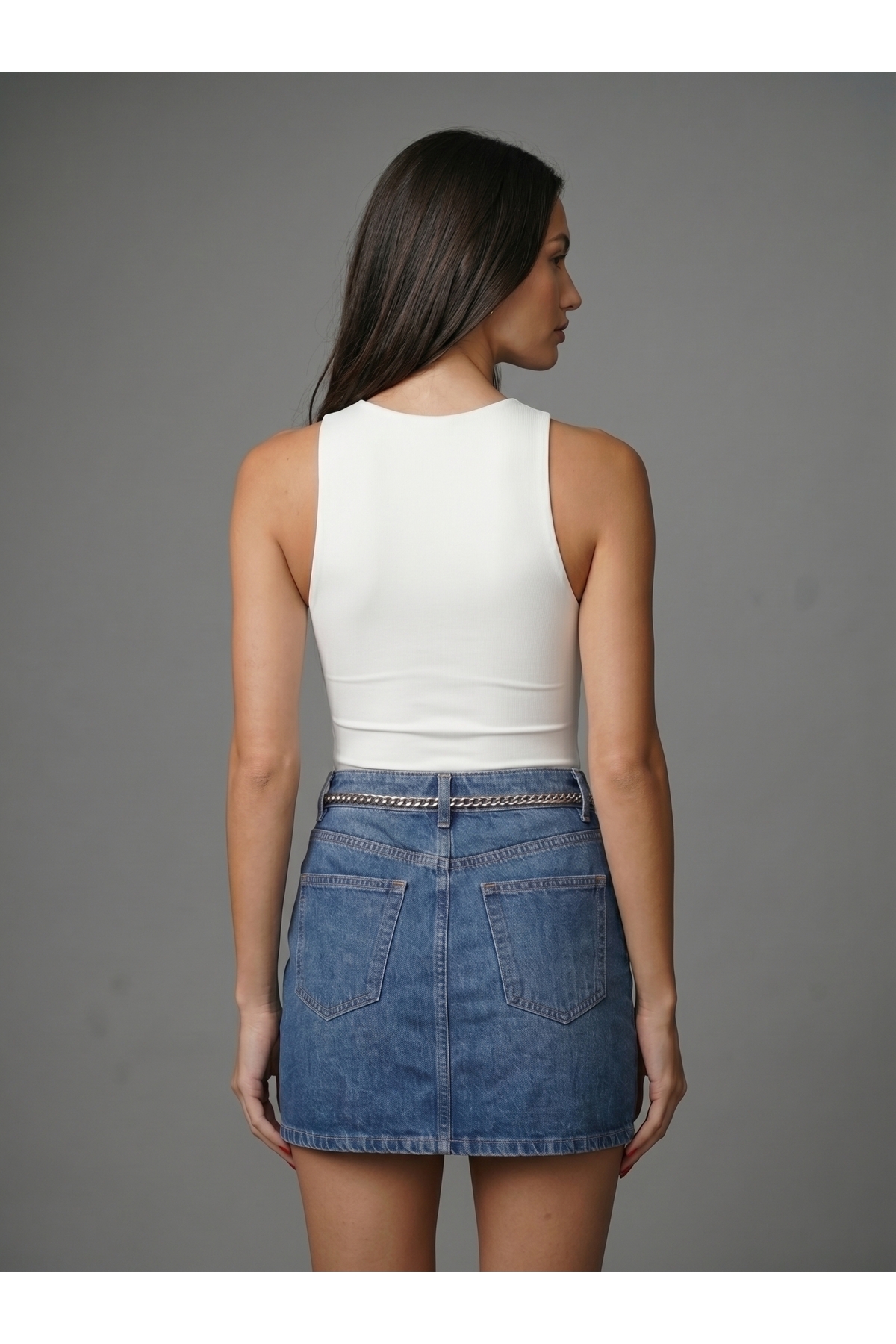 Kadın Halter Yaka Çıtçıtlı Body Slim Fit Dar Kalıp Likralı Bodysuit - Beyaz 4