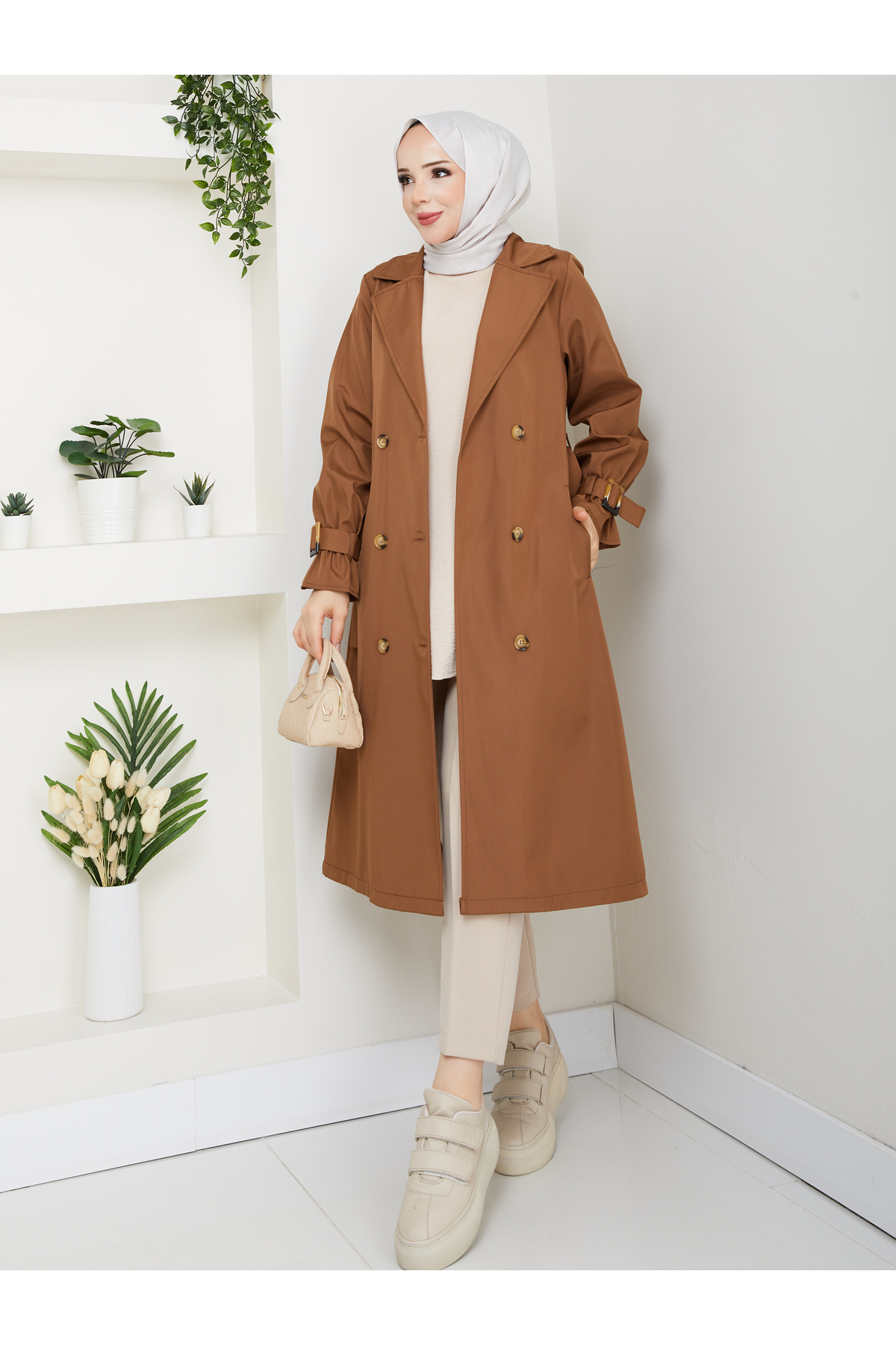 Hijab Wrap Collar Waterproof Belted Trench Coat RC1103013