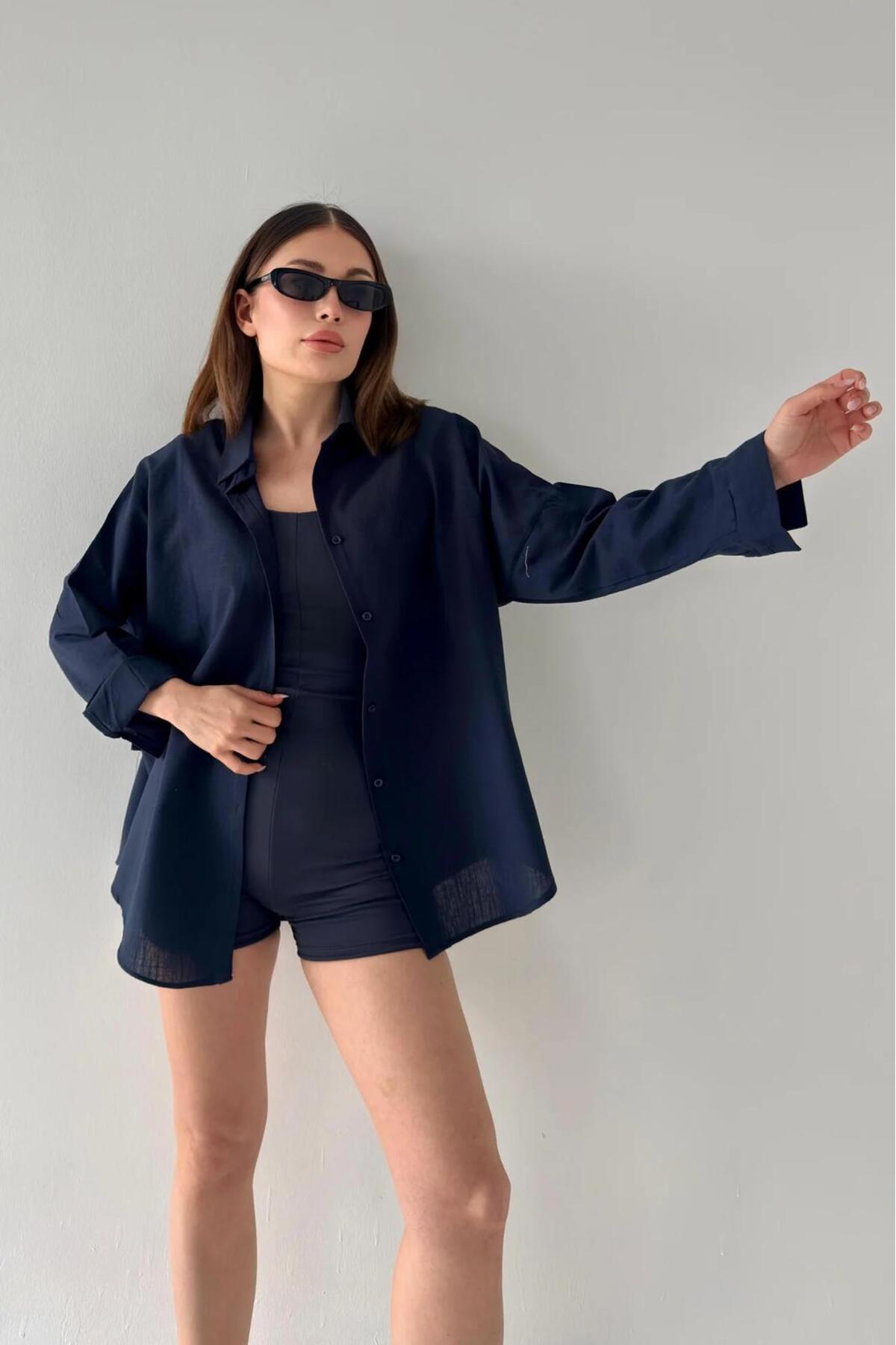 Rouge basıc Oversize Keten Dokulu %100 Pamuk Salaş Gömlek görsel 3