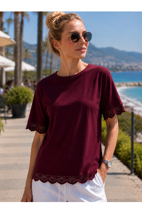 semela Kadın O.Y.S Kumaş Bisiklet Yaka Dantel Detaylı Oversize Bluz Tunik