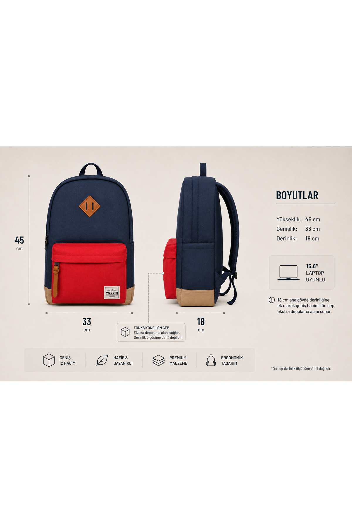 VOVEM Beyond Horizon Atlas - Kırmızı Lacivert Sırt Çantası 15 inc Laptop Uyumlu Su Geçirmez Unisex görsel 6