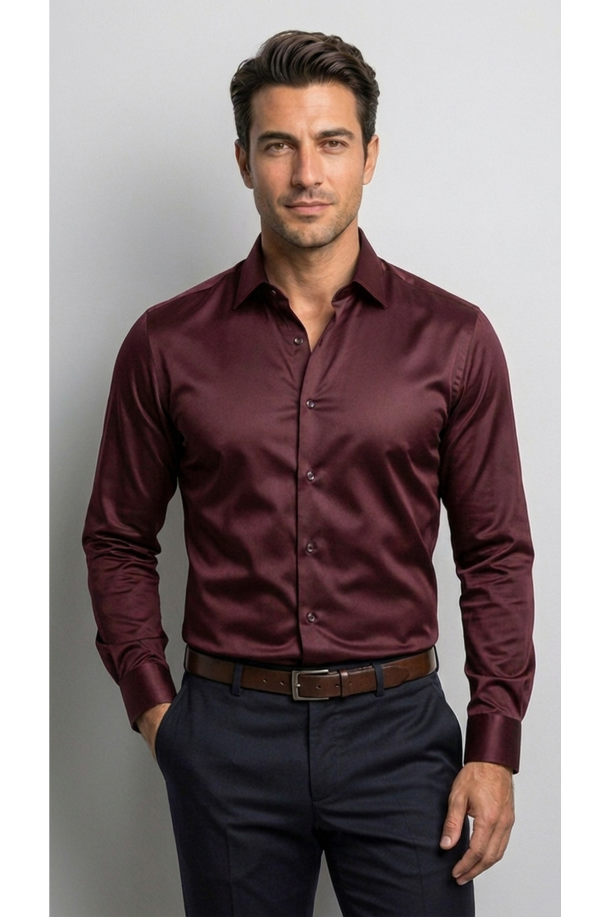 viyamen Erkek Slim Fit Klasik Saten Gömlek Uzun Kollu Modern Kesim görsel 5