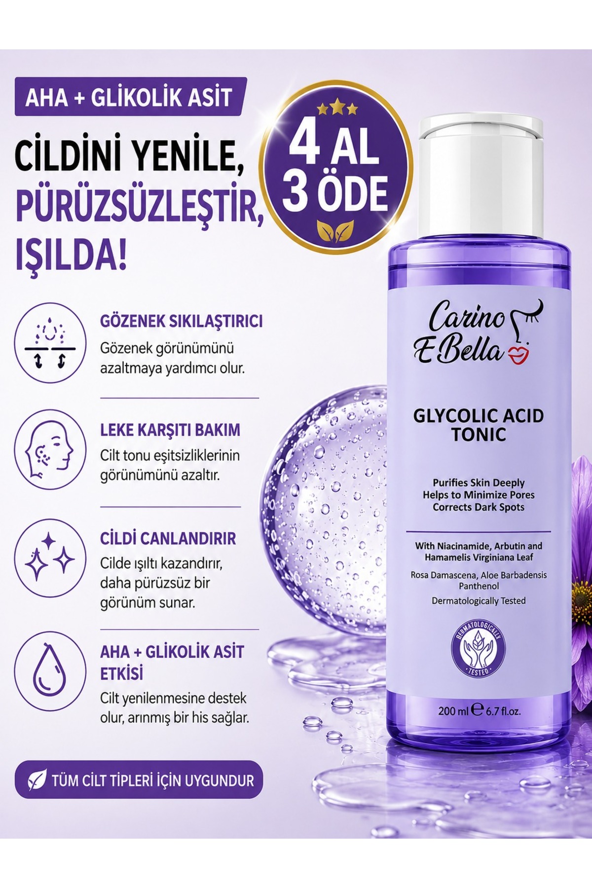 AHA Glikolik Asit Tonik 200 ML – Gözenek Sıkılaştırıcı & Leke Karşıtı — glikolikasit200ml — تصویر 5 از 9