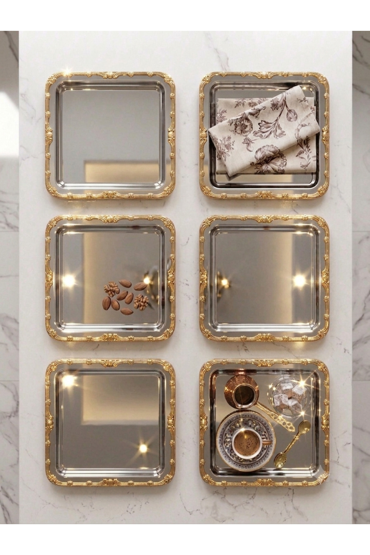 STAINLESS STEEL SQUARE 6 PIECES GOLD PATTERN TEA COFFEE TRAY PRESENTATION