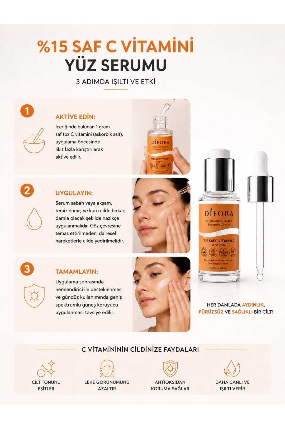 Leke Karşıtı Aydınlatıcı Nemlendirici Ton Eşitleyici C Vitamini Yüz Serumu 15 ml — Cilt Serumu 2212 — تصویر 4 از 9