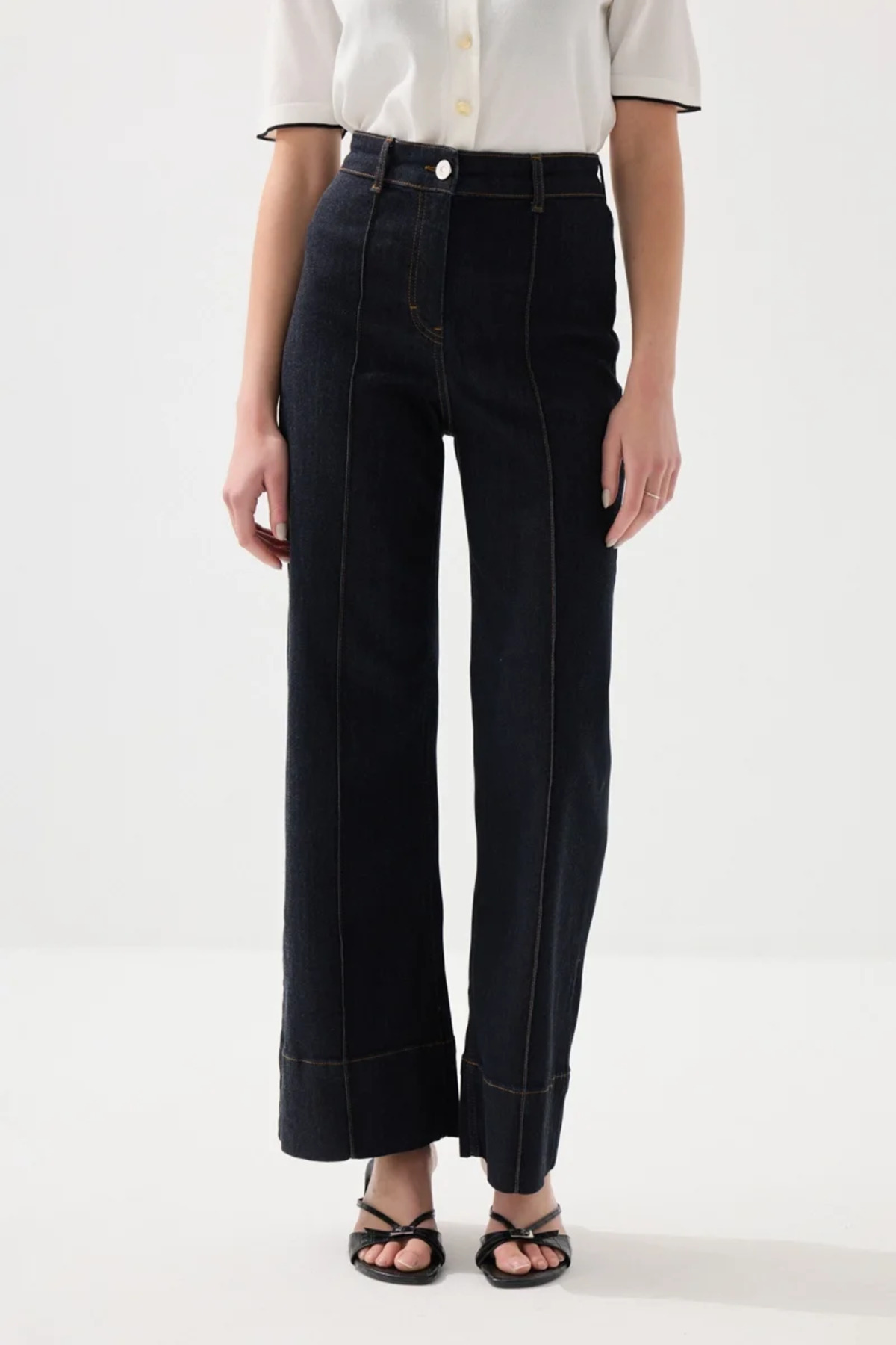 Gusto Bol Paçalı Nervür Dikişli Tensel Denim Pantolon - Lacivert görsel 2