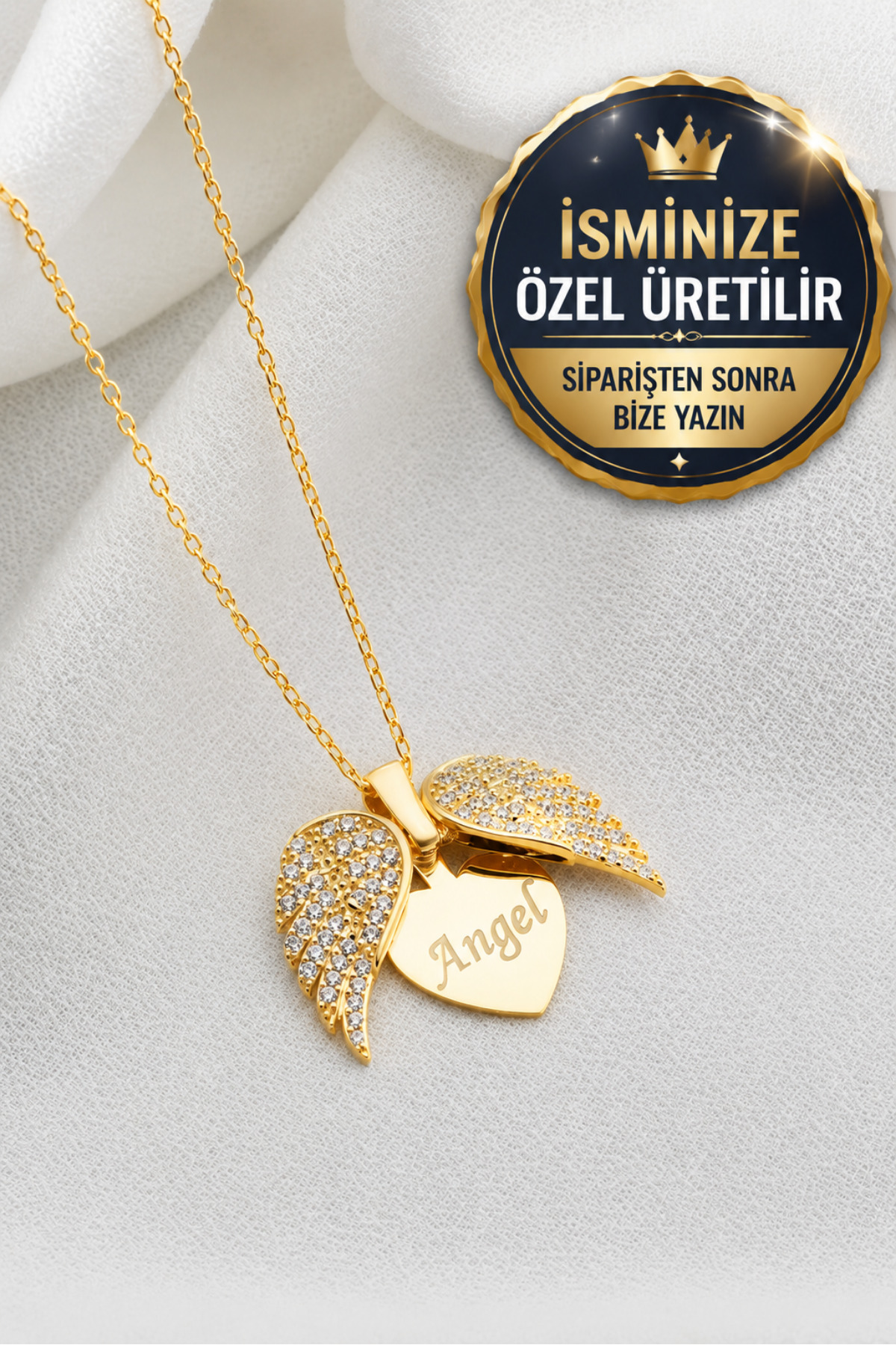 Two Arts Kişiye Özel İsim Yazılabilir Açılır Kapanır Melek Kanadı Kolye I 925 Ayar Gümüş I 14 Ayar Altın Kaplama