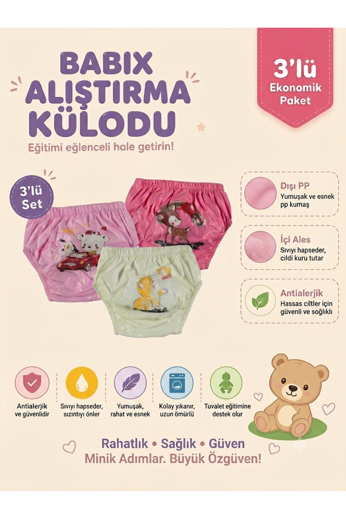 Anti Allergic Washable 3-Pairs Baby Girl Training Panties Baby Toilet Training (THERE MAY BE DIFFERENCES IN PATTERNS)