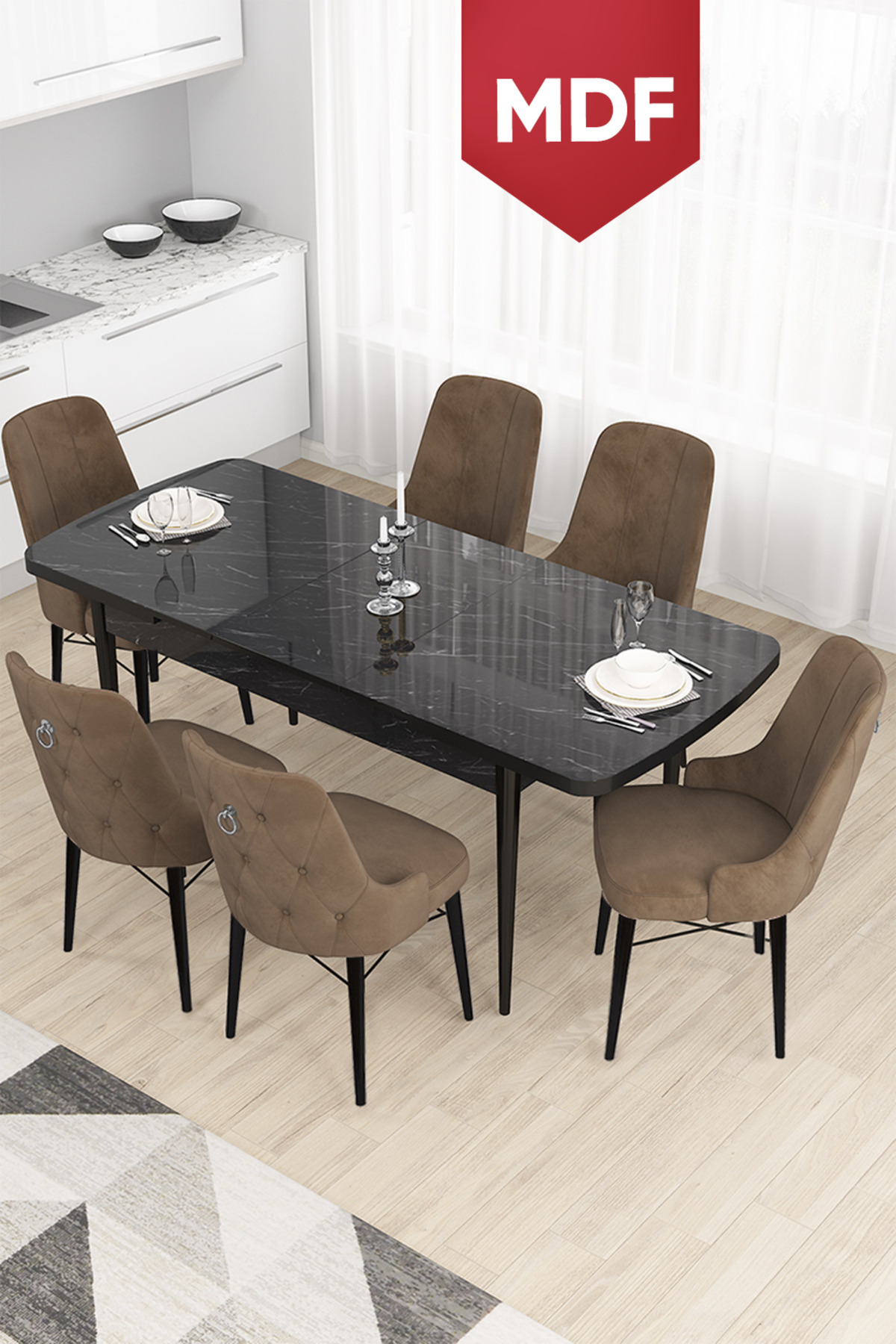 Crown Series Retractable MDF Kitchen Table Set 80x132 Black Marble Pattern Table 6 Brown Chairs