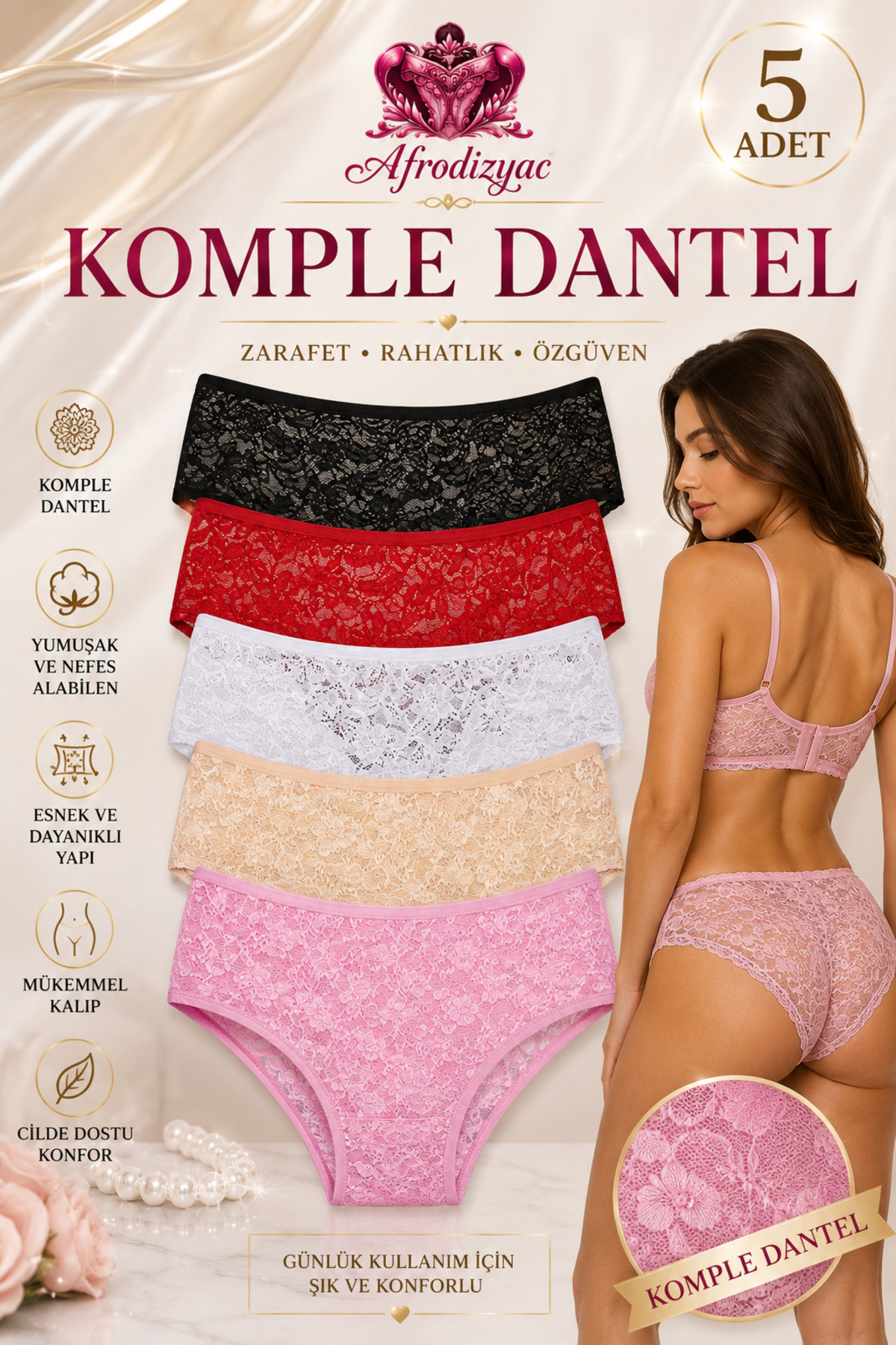 Afrodizyac 5-Piece Complete Lycra Lace High Waist Panties (Extra Stretchy and Soft)