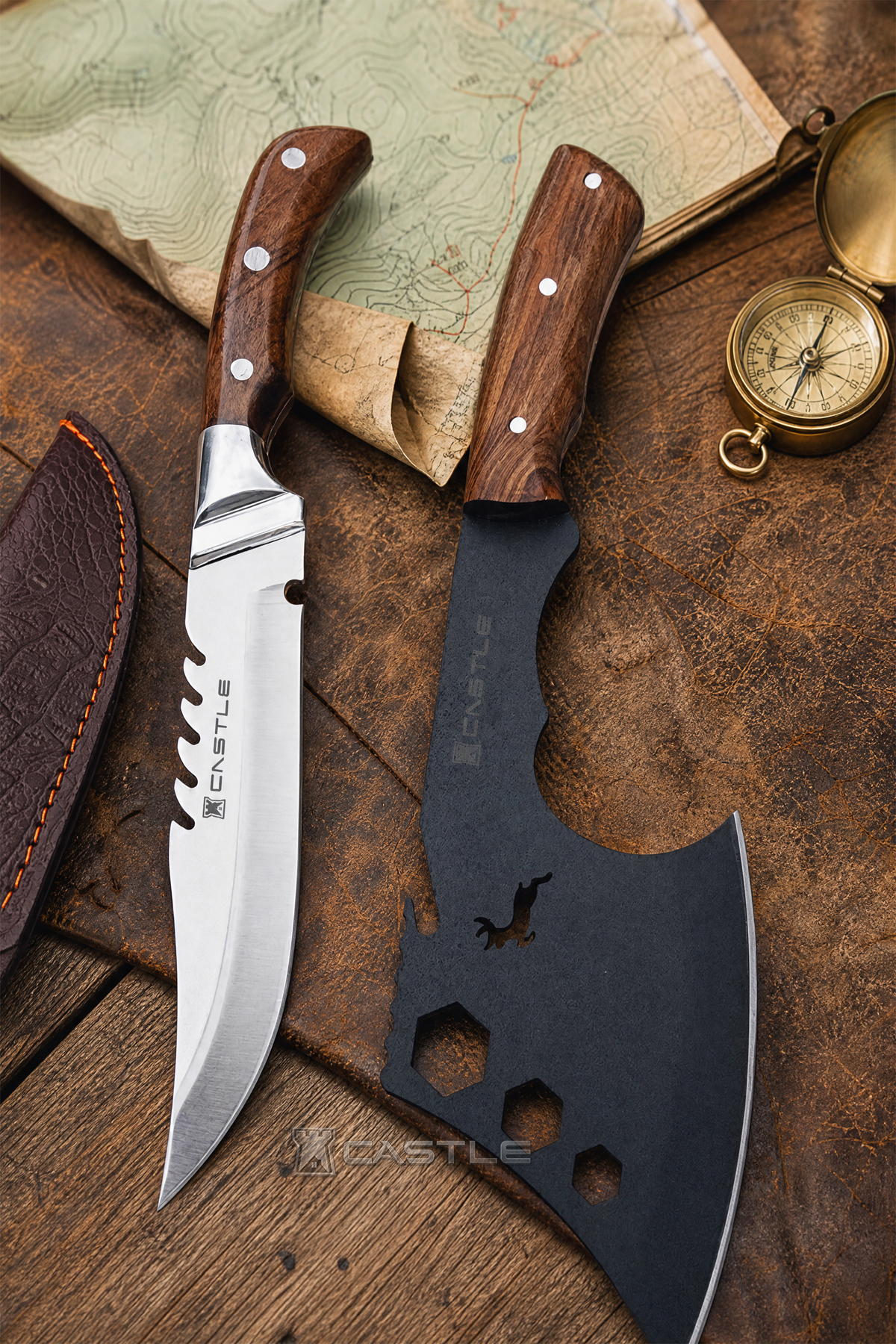 Outdoor Axe Camping Picnic Chef Knife Walnut Tree Handle Case (Outlz-02)